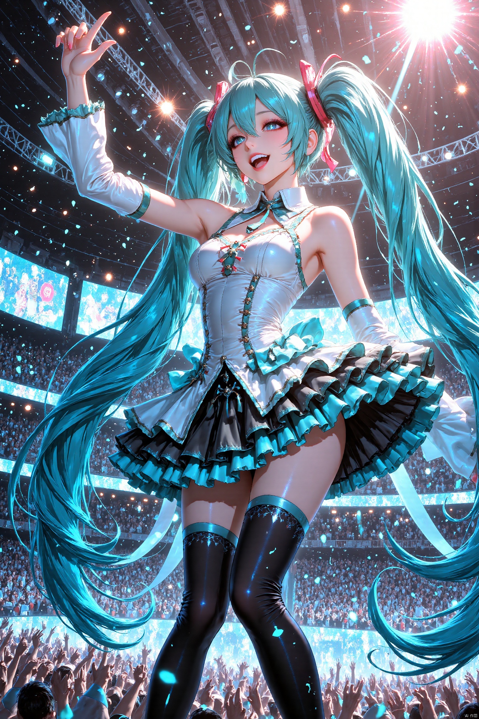 masterpiece, best quality, ultra detailed, highest quality,
1girl, hatsune miku, vocaloid, aqua twin tails, very long hair, 
magical girl idol, beautiful detailed eyes, bright eyes, dynamic pose,
singing pose, open mouth, radiant smile, confident expression,
idol outfit, frilly dress, detached sleeves, thigh-highs, floating ribbons,
concert stage, dynamic stage lighting, colorful spotlights, laser show,
glowing music notes, floating holographic displays,
huge concert venue, cheering crowd, light sticks, 
dynamic angle, dramatic lighting, sparkles, lens flare,
concert atmosphere, energy particles, glowing effects,
