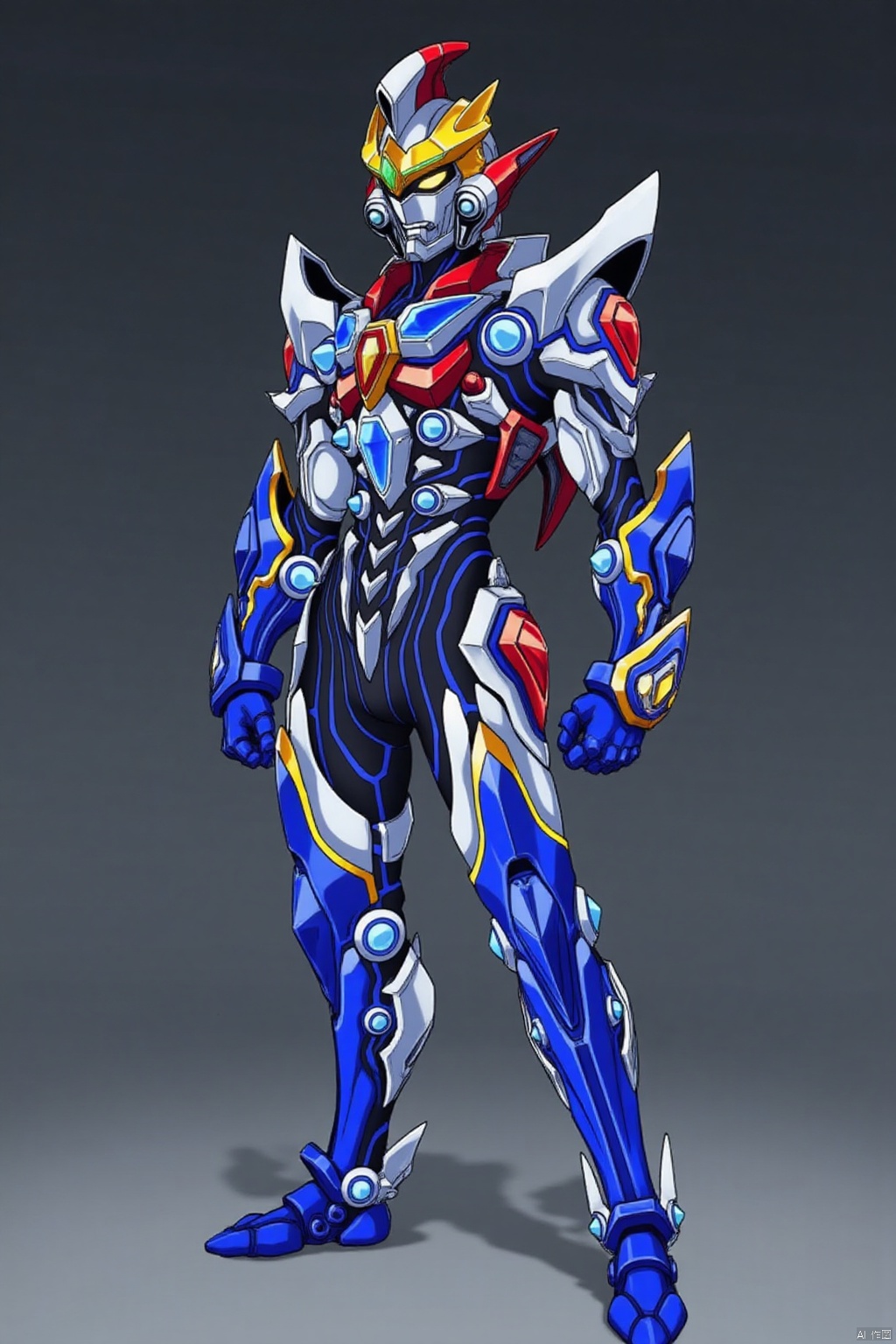ultraman,bodysuit,gloves,legwear,boots,cover,mask,plugsuit,armor,bodysuit,pattern on body,tight-fitting,helmet,leather suit,latex,tokusatsu,no humans,science fiction,hard mask,no smile,no eyes,no nose,solo,rubber bodysuit with line,alien,Gridman