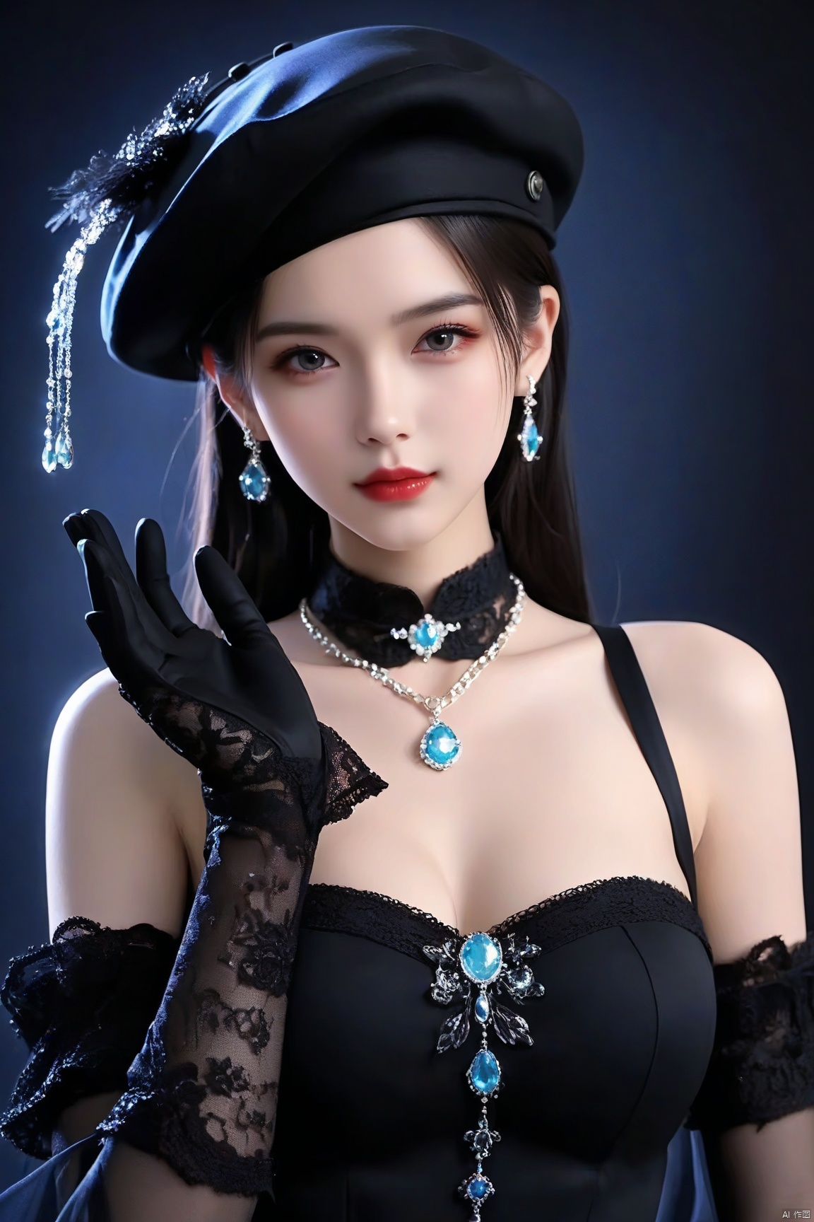 1girl, breasts, black hair, gloves, hat, dress, jewelry, medium breasts, upper body, earrings, choker, black gloves,necklace, black dress, black headwear,  beret, black background, gem, red lips, lace gloves