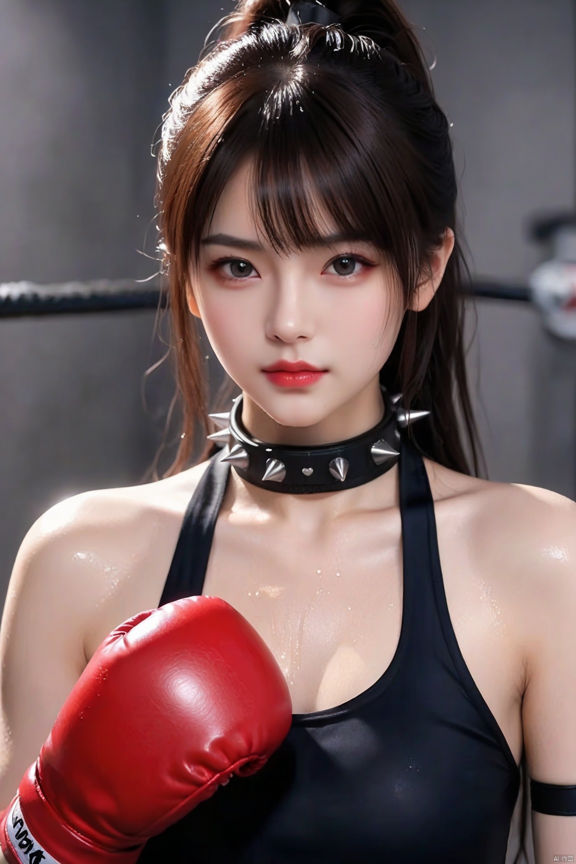 1girl, solo, wet,long hair, looking at viewer, bangs, sweat,brown hair, black hair, closed mouth, upper body, ponytail, spiked collar,spikes, blurry, black eyes, lips, black choker, top, realistic, red lips, red boxing gloves