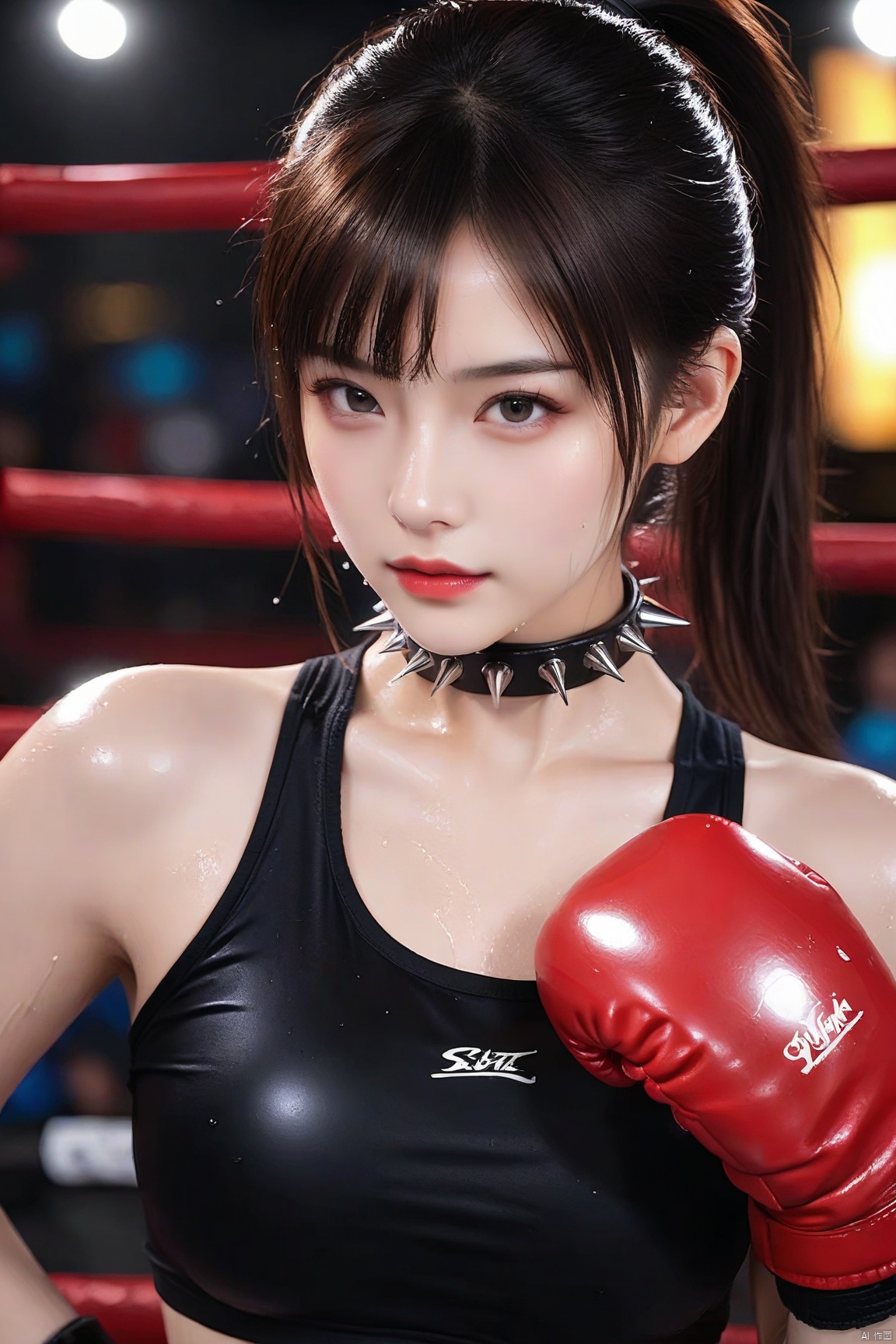 1girl, solo, wet,long hair, looking at viewer, bangs, sweat,brown hair, black hair, closed mouth, upper body, ponytail, spiked collar,spikes, blurry, black eyes, lips, black choker, top, realistic, red lips, red boxing gloves