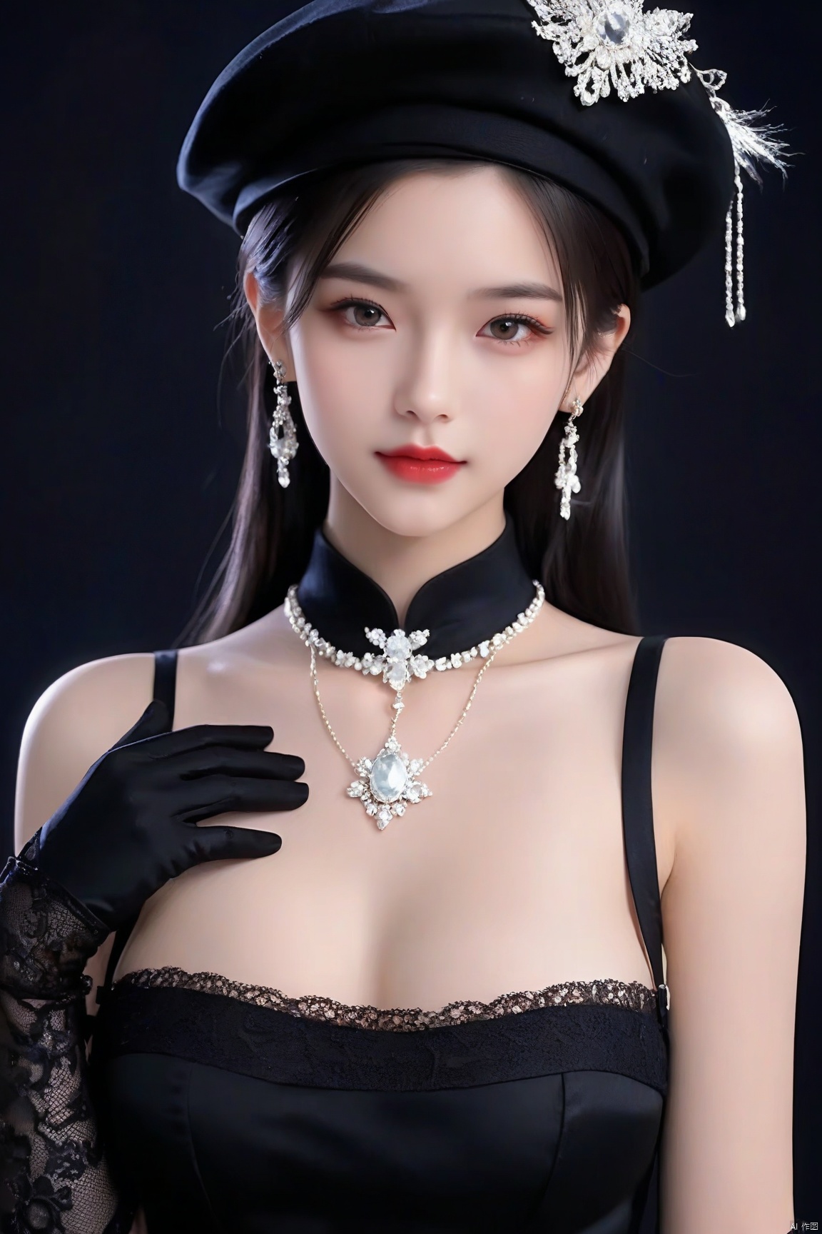1girl, breasts, black hair, gloves, hat, dress, jewelry, medium breasts, upper body, earrings, choker, black gloves,necklace, black dress, black headwear,  beret, black background, gem, red lips, lace gloves