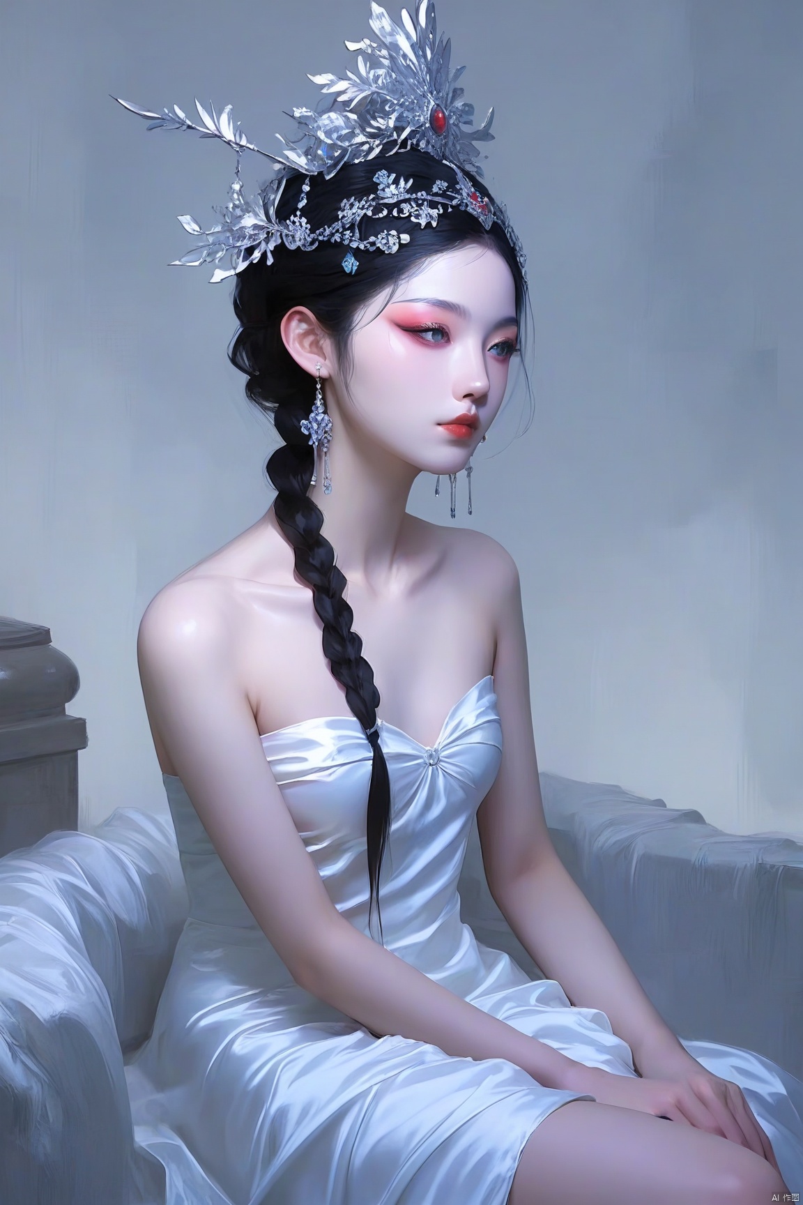 score_9 score_8_up score_7_up,1girl, solo, long hair, breasts, black hair,  dress, bare shoulders, jewelry, sitting, collarbone, braid, earrings, small breasts, indoors, white dress, lips, strapless, makeup, realistic, red lips