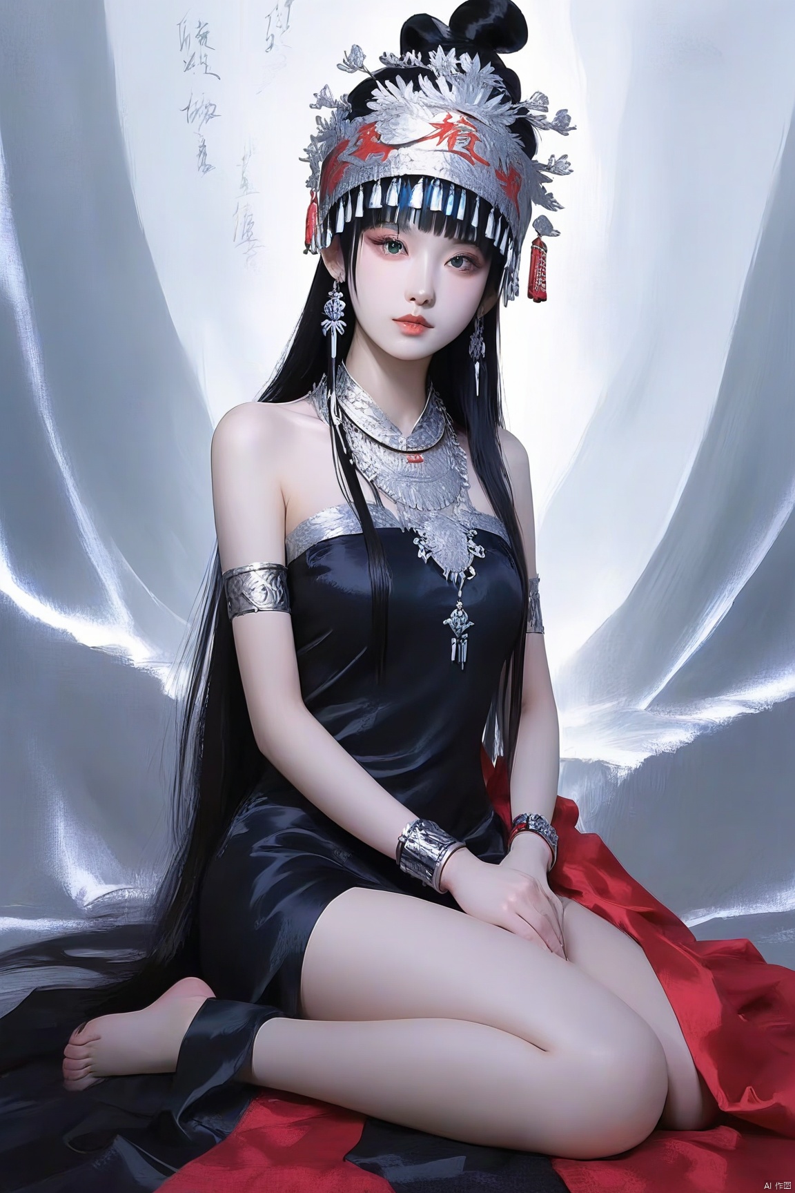 1girl, chinese ethnic minority costumes, long hair, looking at viewer, bangs, black hair, dress, bare shoulders, jewelry, sitting, very long hair, earrings, barefoot, necklace, black dress, bracelet, lips, bare legs, own hands together, armlet, stairs, realistic, red lips