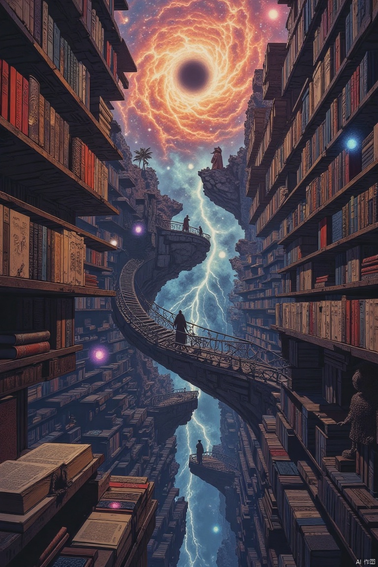 "An infinite library of bookshelves floats in the cosmic void. Pages flip automatically, releasing three-dimensional holographic histories of civilizations. Ink forms nebula-like creatures in zero gravity, and spectral librarians wander through the maze of shelves. At the center, a black hole composed of forbidden book seals hovers."