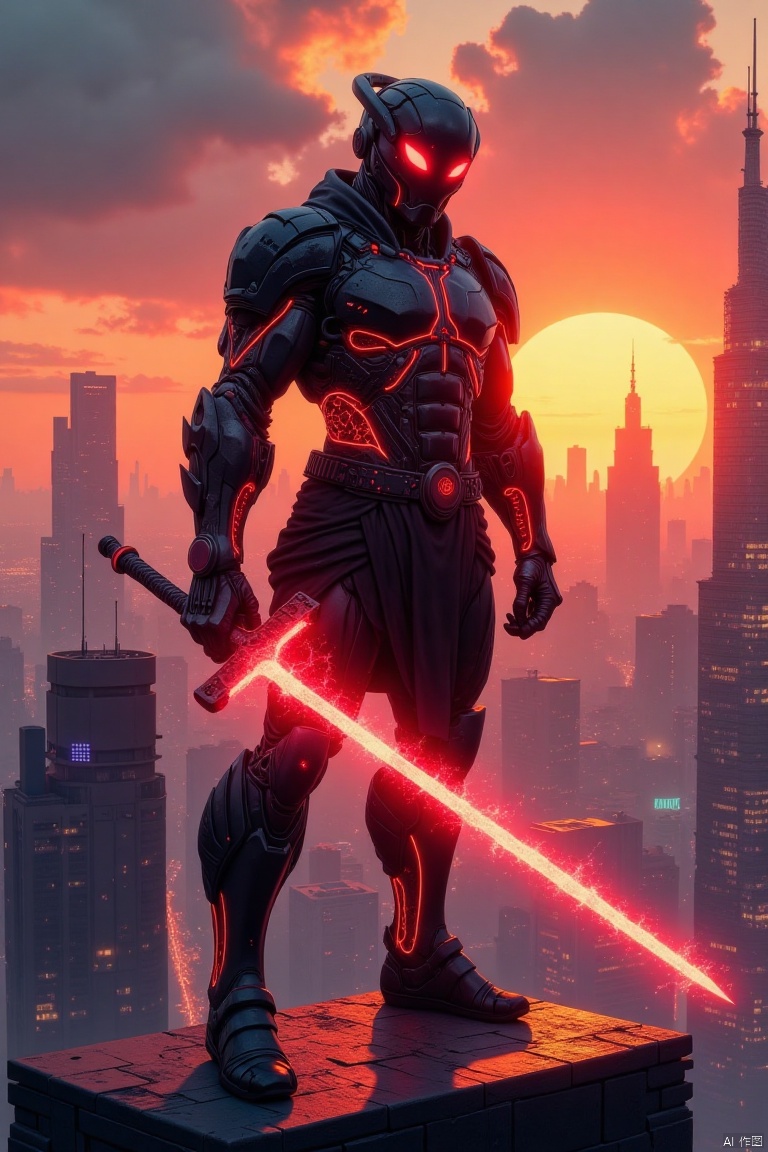 This is a digital artwork featuring a futuristic,cybernetic warrior standing on a high-rise building rooftop at dusk. The warrior is clad in a sleek,black exoskeleton armor with glowing red highlights and intricate,angular design elements. The armor is highly detailed with sharp,jagged edges and futuristic textures. The warrior's helmet is equipped with a visor that emits a bright red light,adding a menacing aura. The figure's left arm is raised,holding a massive,glowing red sword that exudes an intense energy field.,
The background showcases a sprawling,futuristic cityscape under a dramatic sunset. The sky is ablaze with hues of orange,pink,and purple,casting a warm glow over the towering skyscrapers. The city lights are visible,creating a contrast between the natural and artificial elements. The overall scene is dynamic,with a sense of urgency and power emanating from the warrior. The textures and lighting effects are highly polished,typical of high-end digital art. The image captures a blend of sci-fi and cyberpunk aesthetics,emphasizing the warrior's strength and the city's modern,high-tech environment.,