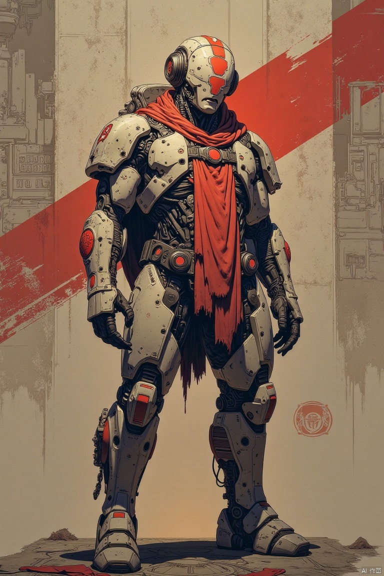 SG,This is a digital artwork of a futuristic,armored,humanoid robot with a sleek,white and red design,resembling a cybernetic soldier. The background is a gritty,industrial space scene with text and logos. The image is tagged "Cyber Space 29" and "CyberSpace.,
