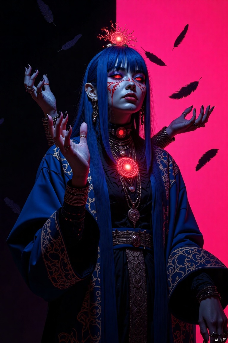 G0thicL1nes,R3alisticF,MythP0rt,natural skin,cinematic shot from a low angle masterpiece 30mm A close-up shot portrait extreme realistic depiction portrait of a mysterious gothic young japan woman with long,straight,vibrant blue hair styled with blunt bangs,pale skin,She is dressed in an ornate blue robe adorned with intricate patterns,layered jewelry,and occult symbols. Her face is pale,with intricate red markings forming veins around a glowing red third eye in the center of her forehead,symbolizing her connection to the arcane. Her pale hand gestures delicately,holding a glowing circular sigil. The background is divided into stark black and solid vivid bright pink halves,with eerie,hands emerging,their forms adorned with abstract circular patterns,filled with falling black feathers drifting gently,adding a surreal and dramatic touch to the scene. The combination of the bright pink backdrop with the dark elements creates a striking gothic fantasy aesthetic.. The lighting is dramatic,highlighting the woman against the solid vivid bright pink background. The image has a slightly desaturated,moody aesthetic,with soft lighting and a slightly blurry background. reminiscent of fine art photography. High detail,cinematic lighting. (cinematic, film grain:1.1),The style is reminiscent of Japanese fashion photography. soft natural lighting,intricate details,detailed,high quality,8k,dynamic angle,Her black nails are sharp and polished,((fix deformed fingers)),((fix hands position)),