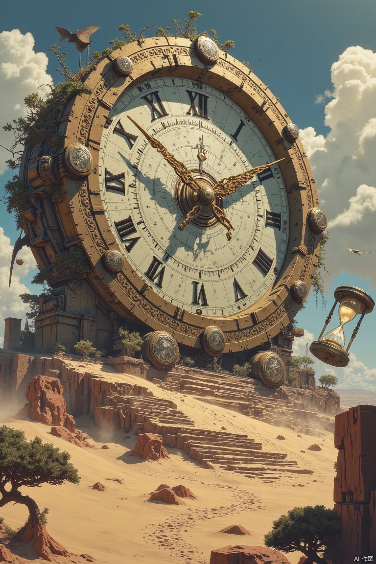 "A desert filled with countless frozen bronze clocks, their faces overgrown with metallic vines that twist around giant hourglasses. Sand particles hang in the air, solidified into galactic vortices. Rusted gear hills are pierced by broken clock-hand swords, and on the horizon, a storm of shattered calendar pages floats."