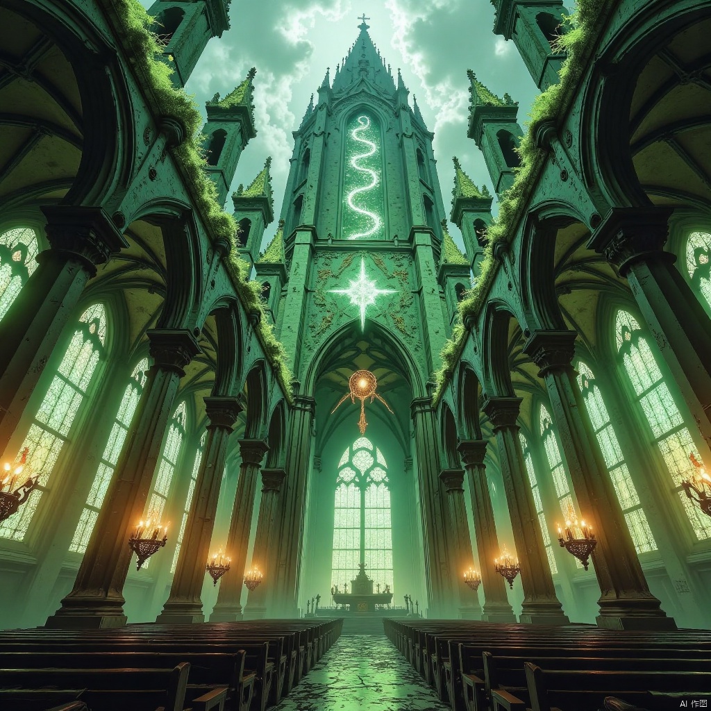 "A Gothic cathedral made of biomatter, with vein-like pillars pulsating fluorescent green blood. Stained-glass windows are pieced together from the genetic chains of different species. Above the altar, a constantly reassembling DNA double helix floats in the form of a holy grail, while the spire pierces the clouds, dripping corrosive holy blood.",By Phandigrams