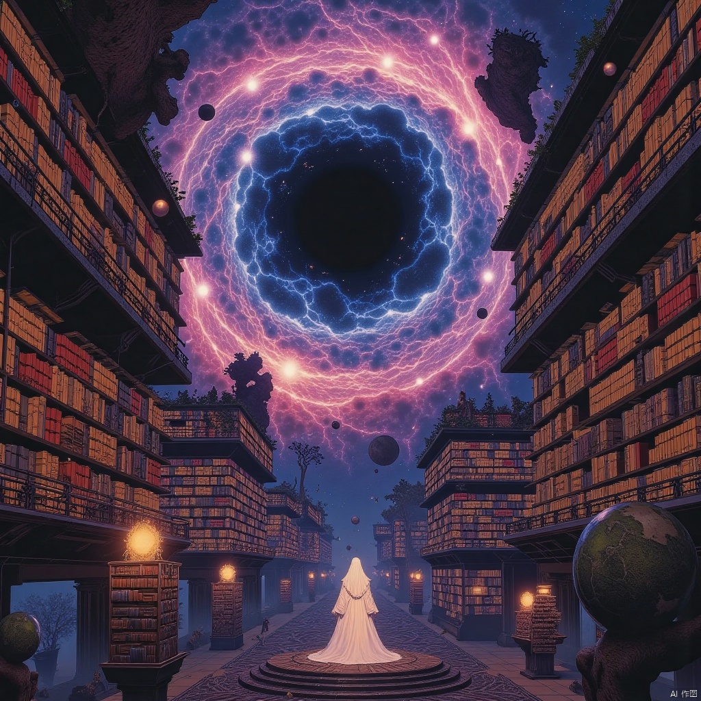 "An infinite library of bookshelves floats in the cosmic void. Pages flip automatically, releasing three-dimensional holographic histories of civilizations. Ink forms nebula-like creatures in zero gravity, and spectral librarians wander through the maze of shelves. At the center, a black hole composed of forbidden book seals hovers."