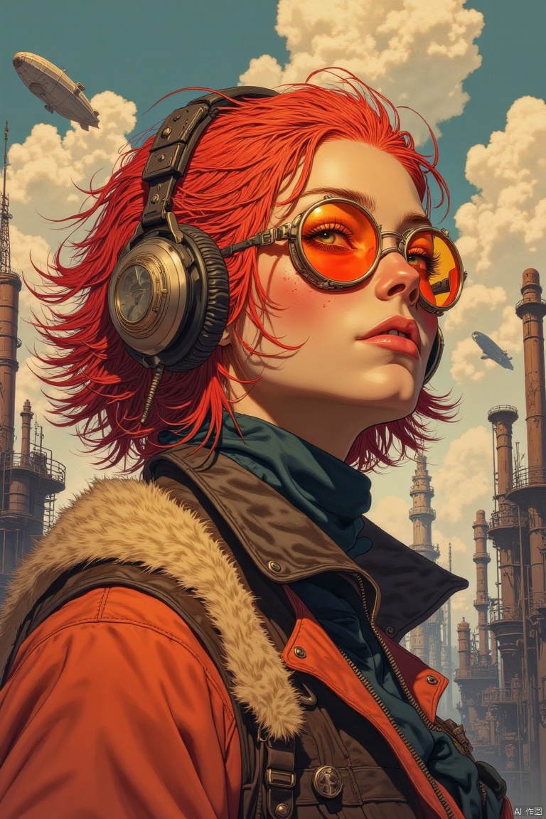 Anime,DFM,(soft bloom),
(A highly detailed) vibrant portrait. aviator girl in steampunk style,red hair fluttering in the wind. leather jacket and big glasses with orange glasses,vintage headphones on her head. The background is an industrial steampunk city with factory pipes,vintage antennas and airships. The colors are warm and rich,the style is semi-realistic with soft strokes,