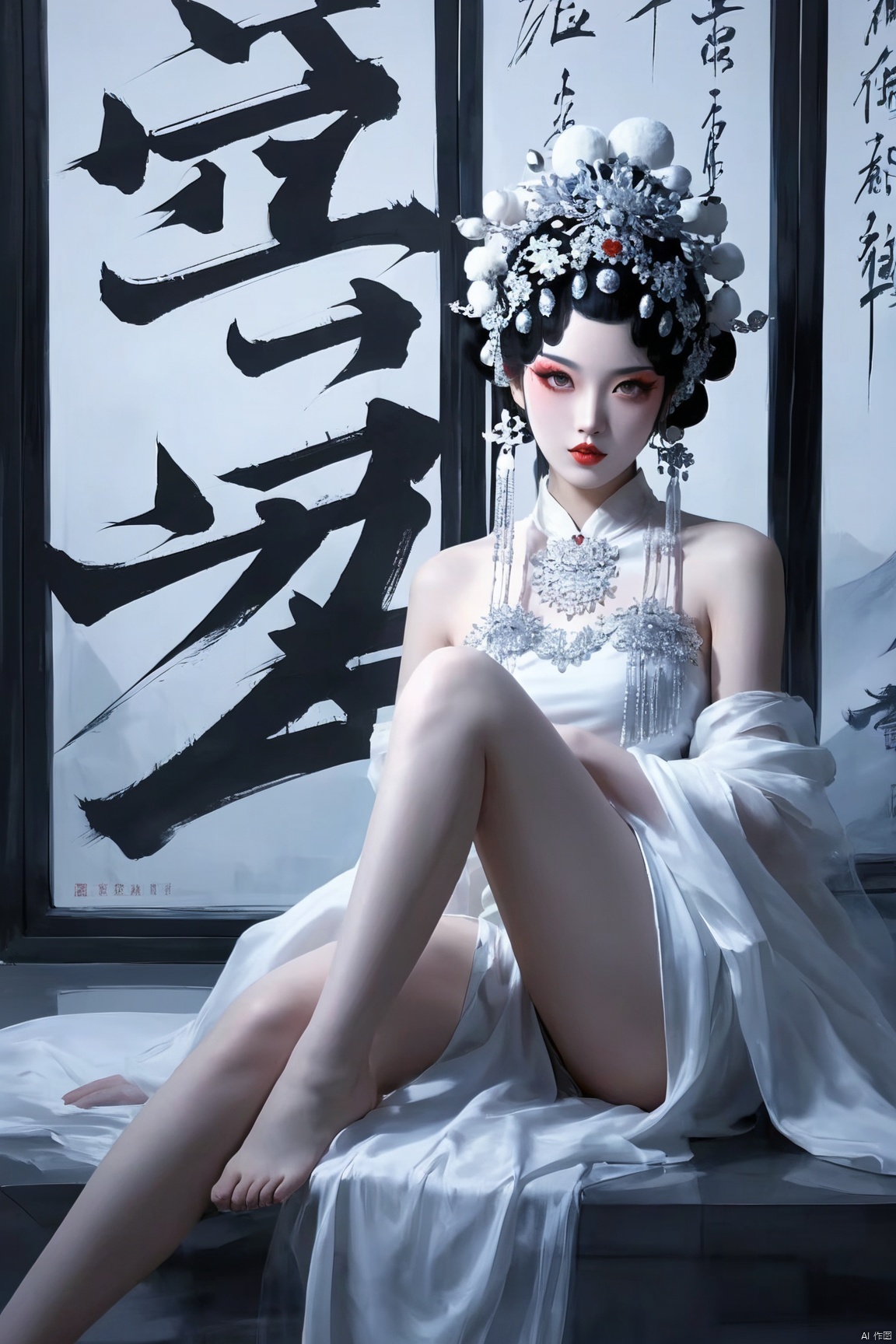 score_9 score_8_up score_7_up,xiqu,1girl, solo, makeup,looking at viewer, black hair, hair ornament, dress, bare shoulders, sitting, full body, barefoot, indoors, white dress, bare legs, makeup, knee up, chinese text, red lips