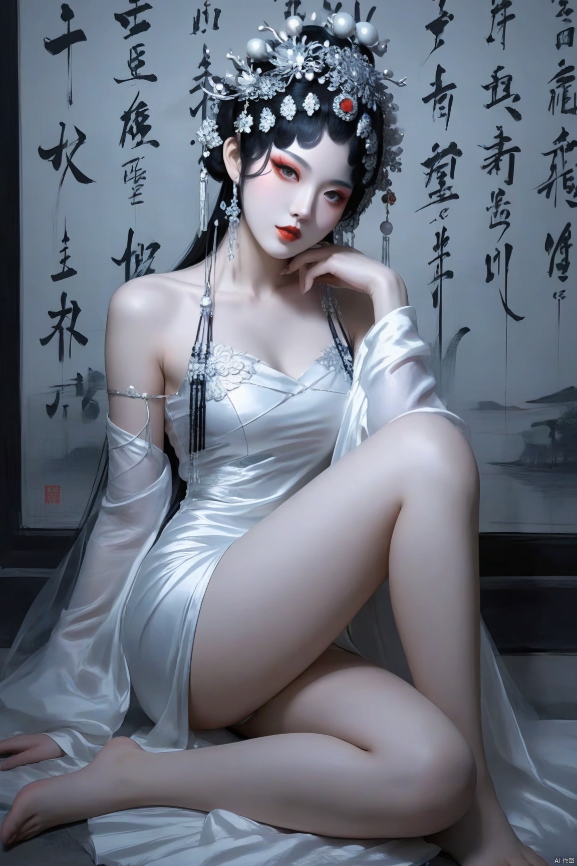 score_9 score_8_up score_7_up,xiqu,1girl, solo, makeup,looking at viewer, black hair, hair ornament, dress, bare shoulders, sitting, full body, barefoot, indoors, white dress, bare legs, makeup, knee up, chinese text, red lips
