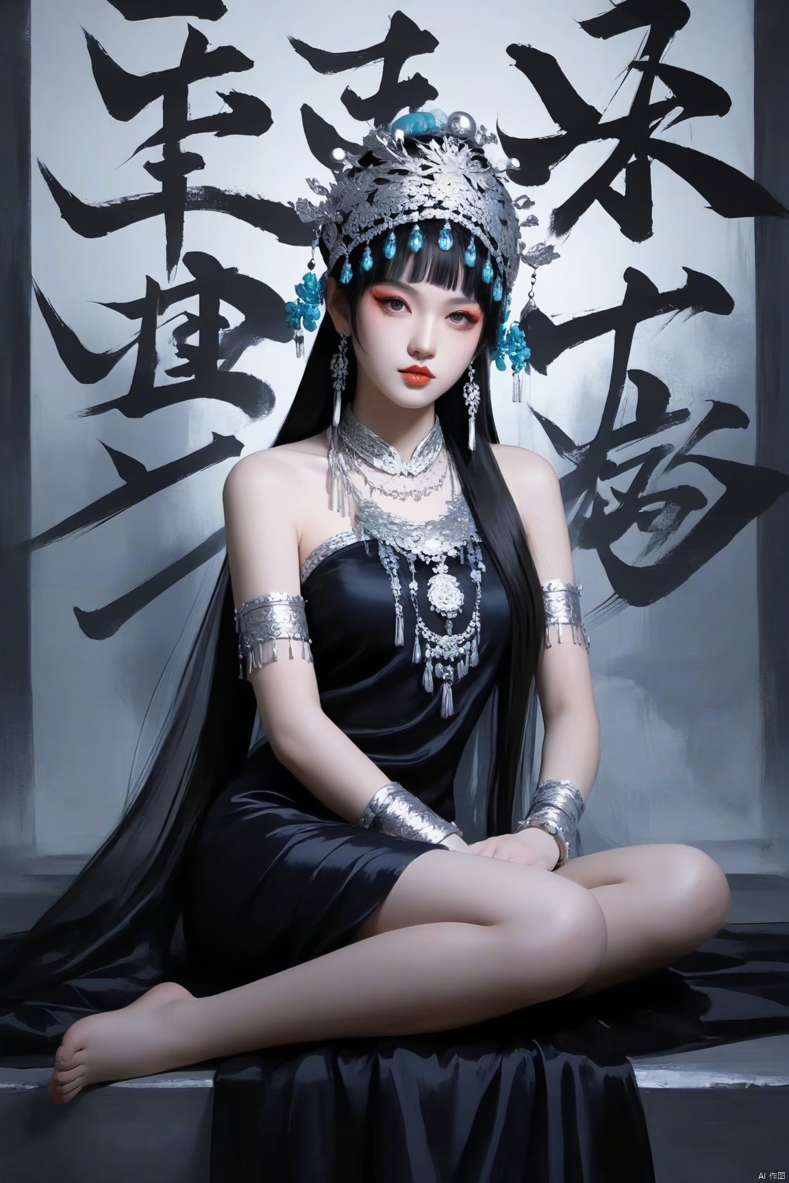 score_9 score_8_up score_7_up,xiqu,1girl, solo, makeup, eye shadow, chinese ethnic minority costumes, long hair, looking at viewer, bangs, black hair, dress, bare shoulders, jewelry, sitting, very long hair, earrings, barefoot, necklace, black dress, bracelet, lips, bare legs, own hands together, armlet, stairs, realistic, red lips