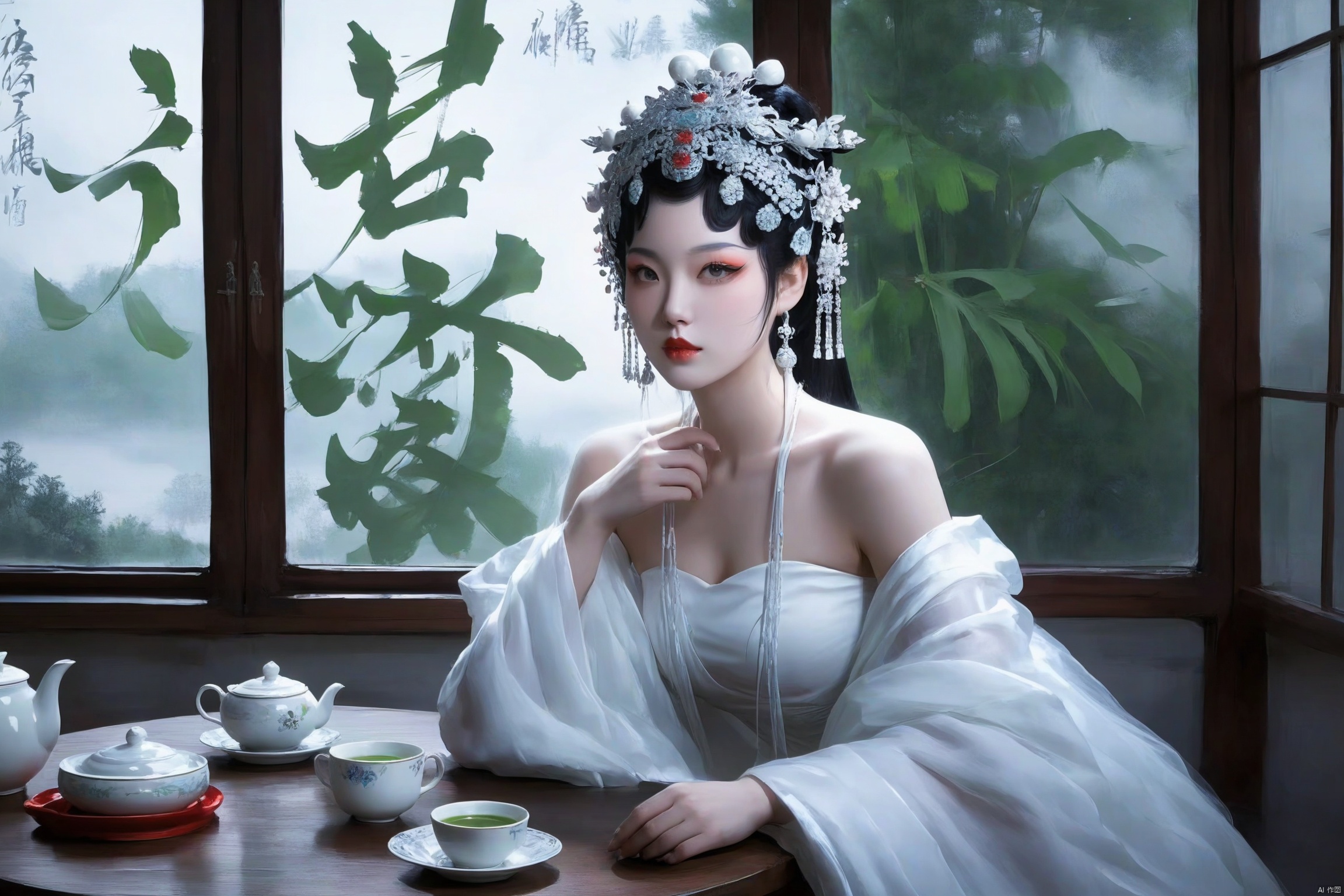 score_9 score_8_up score_7_up,xiqu,1girl, solo, makeup, hair ornament, red lips, indoors, wide sleeves, blurry, black eyes, lips, dress,white dress, realistic,bare shoulders, sitting, tea table, tea cup, Chinese character wall, wide window,green tea cup and teapot on the table.Bamboo leaves are embroidered on the clothes, and bamboo forest outside the window
