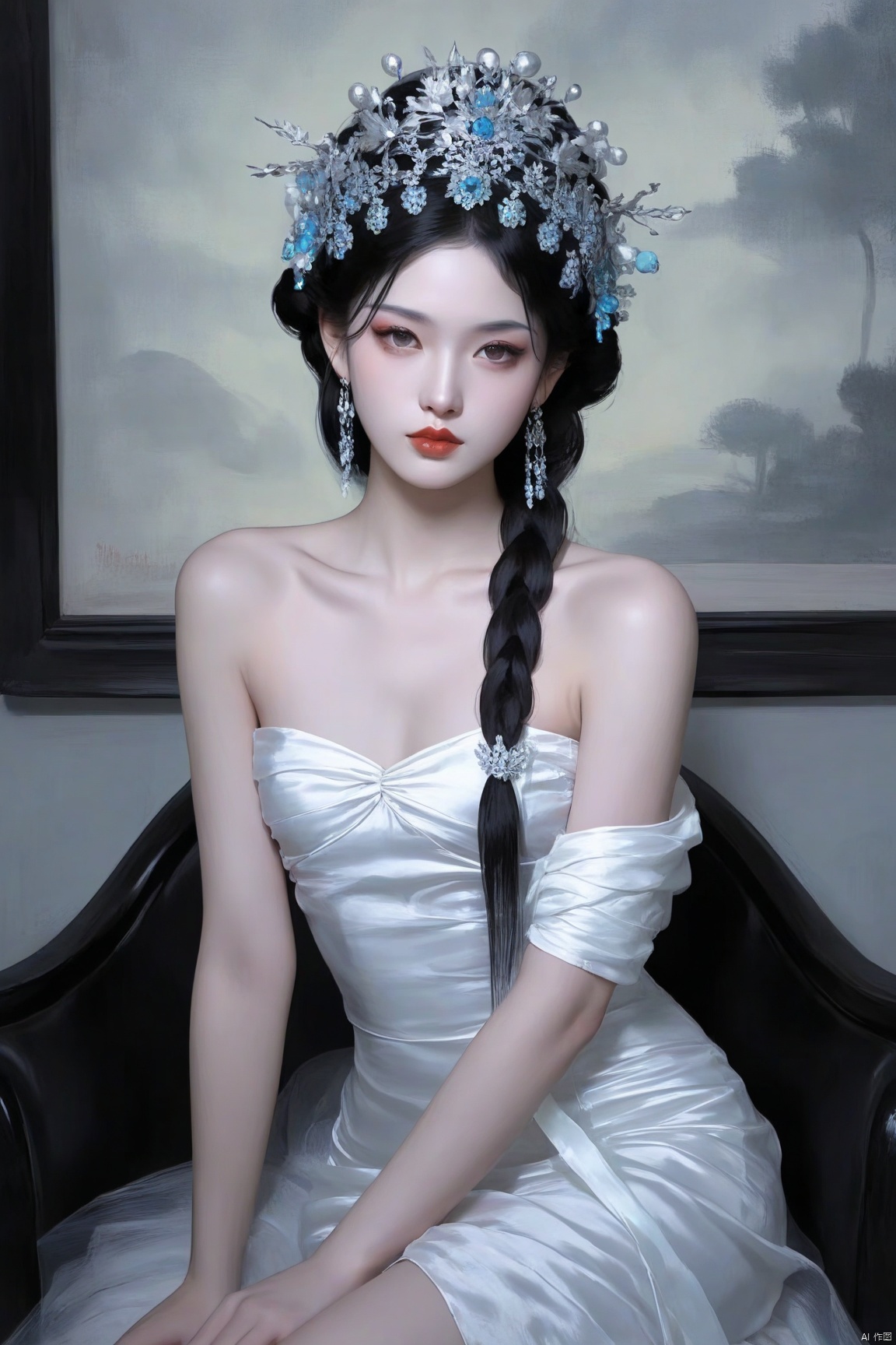 score_9 score_8_up score_7_up,1girl, solo, long hair, breasts, black hair,  dress, bare shoulders, jewelry, sitting, collarbone, braid, earrings, small breasts, indoors, white dress, lips, strapless, makeup, realistic, red lips