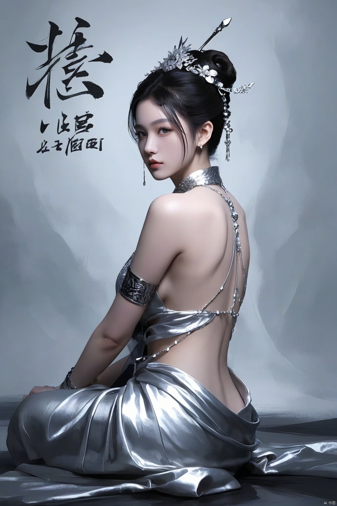 score_9 score_8_up score_7_up,1girl, solo, breasts, looking at viewer, black hair, hair ornament, jewelry, sitting, looking back, hair bun, bracelet, sideboob, back, single hair bun, armlet, backless outfit, realistic, chinese text, bare back