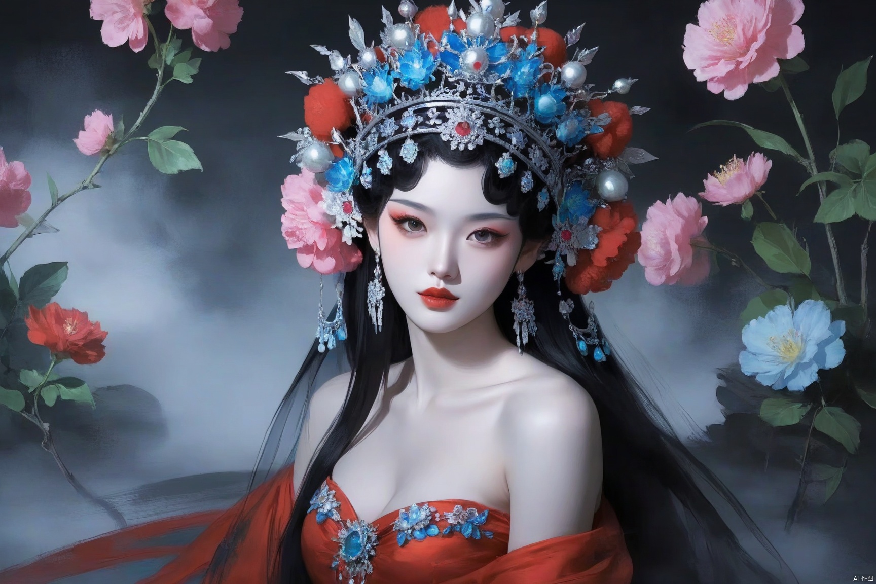 score_9 score_8_up score_7_up,xiqu,1girl, solo, long hair, breasts, looking at viewer, black hair, hair ornament, dress, cleavage, bare shoulders, jewelry, collarbone, upper body, flower, earrings, hair flower, makeup, colored skin, red dress, crown, lipstick, gem, pale skin, red lips