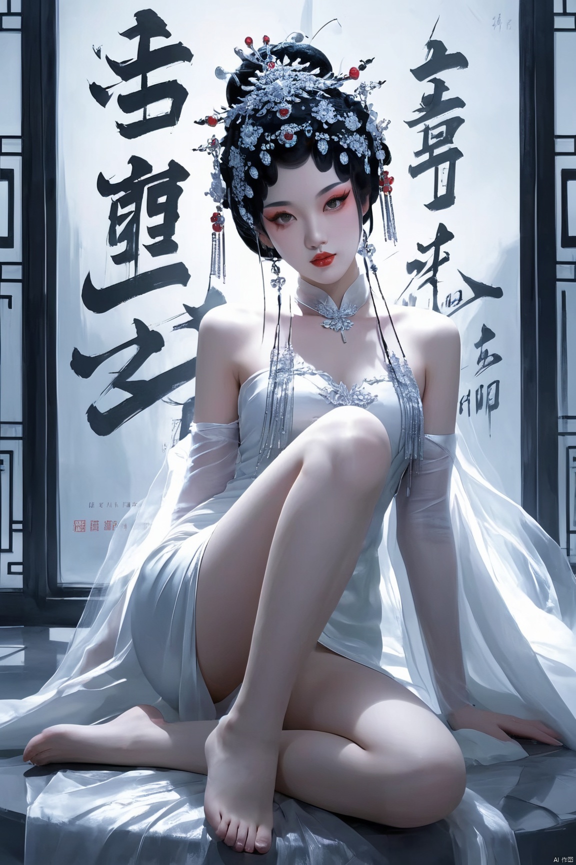score_9 score_8_up score_7_up,xiqu,1girl, solo, makeup,looking at viewer, black hair, hair ornament, dress, bare shoulders, sitting, full body, barefoot, indoors, white dress, bare legs, makeup, knee up, chinese text, red lips
