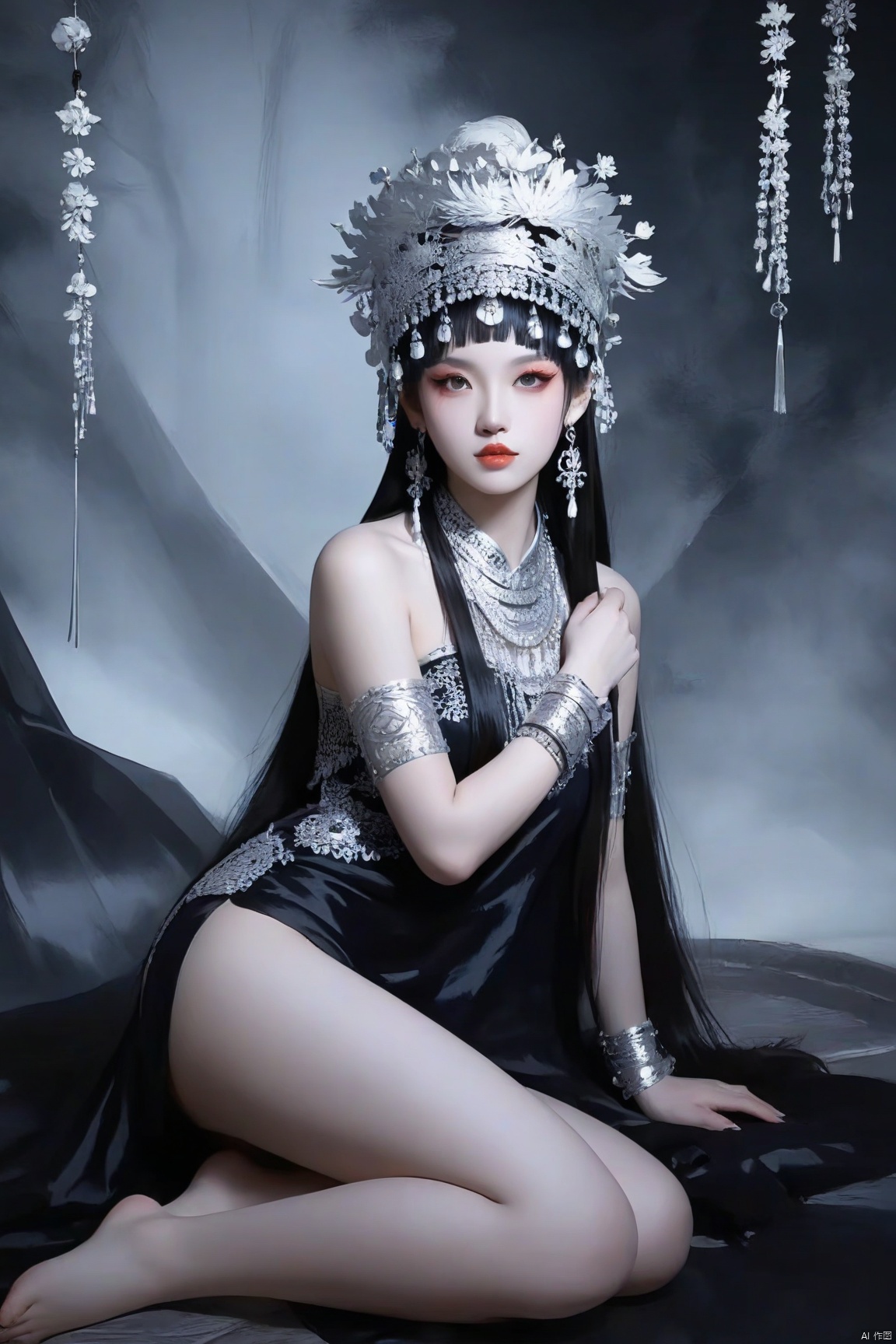 score_9 score_8_up score_7_up,xiqu,1girl, solo, makeup, eye shadow, chinese ethnic minority costumes, long hair, looking at viewer, bangs, black hair, dress, bare shoulders, jewelry, sitting, very long hair, earrings, barefoot, necklace, black dress, bracelet, lips, bare legs, own hands together, armlet, stairs, realistic, red lips