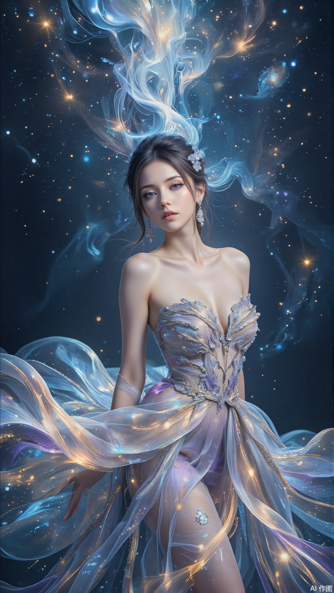 A woman in a surrealist portrait wearing a nebula dress, with her skirt flowing like a galaxy. The style fuses cosmic sci-fi with classical oil painting, creating a grand and mysterious visual impact. Ethereal blue starlight converges from all sides, illuminating her face and the dazzling details of the dress. Her skin is smooth as ivory, and the skirt is composed of twinkling stars and flowing light ribbons. Rendered with thick oil paint strokes combined with digital light effects, emphasizing both texture and dreaminess. Against a deep blue-black background, the silver and lavender nebula-like skirt creates a striking interplay of warm and cool tones. Using an S-shaped composition, the curve of the skirt guides the viewer’s eye through the entire image. From a high-angle overhead shot, the vastness of the cosmic scene is emphasized.,plbj,digital-art,plns,cool and glamorous,sparkling dress,double-exposure,surrealism