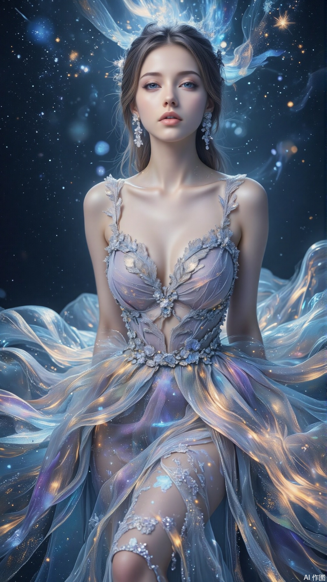 A woman in a surrealist portrait wearing a nebula dress, with her skirt flowing like a galaxy. The style fuses cosmic sci-fi with classical oil painting, creating a grand and mysterious visual impact. Ethereal blue starlight converges from all sides, illuminating her face and the dazzling details of the dress. Her skin is smooth as ivory, and the skirt is composed of twinkling stars and flowing light ribbons. Rendered with thick oil paint strokes combined with digital light effects, emphasizing both texture and dreaminess. Against a deep blue-black background, the silver and lavender nebula-like skirt creates a striking interplay of warm and cool tones. Using an S-shaped composition, the curve of the skirt guides the viewer’s eye through the entire image. From a high-angle overhead shot, the vastness of the cosmic scene is emphasized.,plbj,digital-art,plns,cool and glamorous,sparkling dress,double-exposure,surrealism