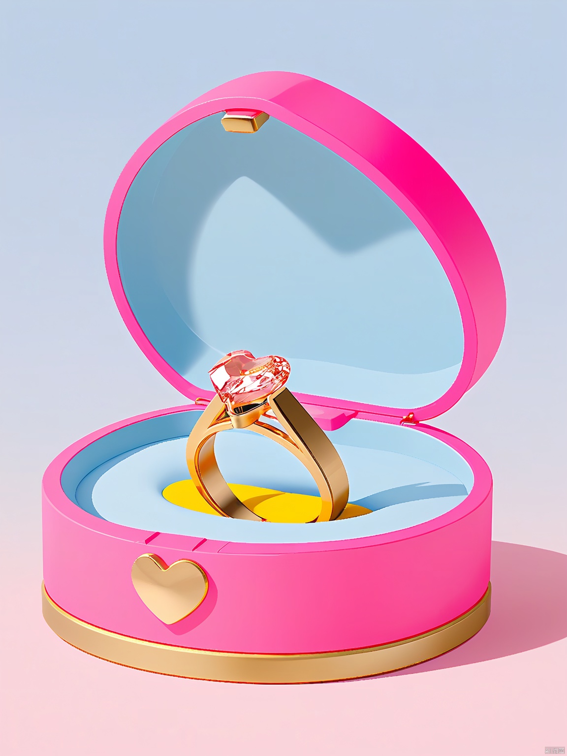 3DYS, A photograph of a ring box with a bright pink heart-shaped lid, open, containing a yellow cushion, and a gold ring with a large, round, pink diamond at the center. The ring is placed on the cushion. The background is a light blue gradient. The box is a modern, minimalist design, and the ring is elegant with a simple band. The overall aesthetic is clean and stylish.
