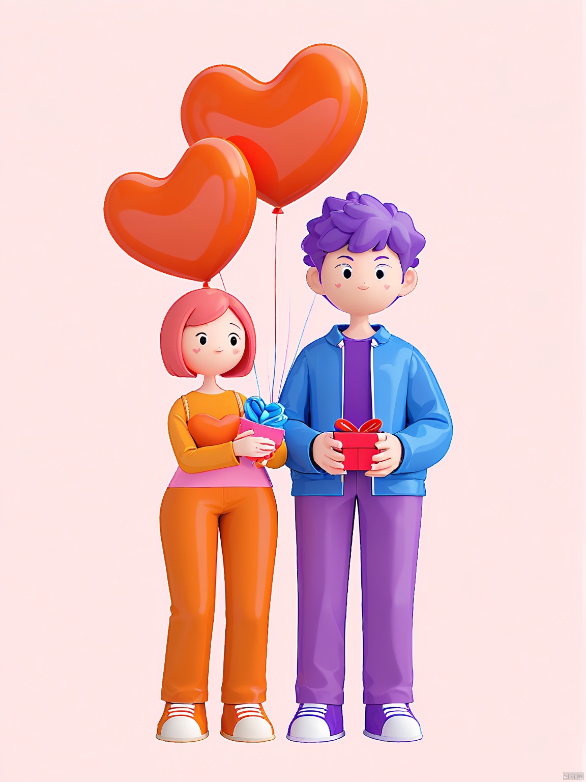 3DYS, A digital illustration featuring a stylized, cartoonish couple standing against a plain, light pink background. The man is holding a bunch of red heart-shaped balloons with a blue jacket and purple pants. The woman is wearing an orange top and matching orange pants, with a small red box in her hands. Both characters have exaggerated, simple features with large heads and small bodies. The overall style is playful and whimsical, with a focus on bright, cheerful colors and a minimalist aesthetic.