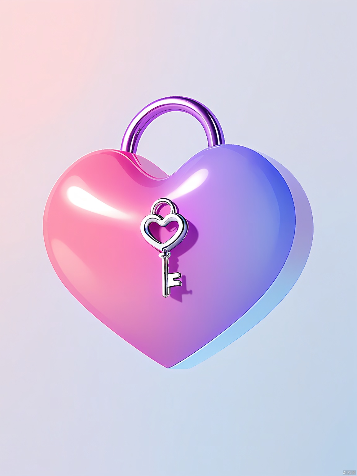 3DYS, Photo of a heart-shaped object with a shiny, reflective surface. The heart is a gradient of pink and purple, with a smooth, glossy texture. It has a single handle on top, shaped like a heart, and a small silver keyhole on the right side. The background is a solid light blue color, providing a contrast to the heart. The image is well-lit, with soft shadows, and has a clean, minimalist aesthetic. The heart is centered in the frame, and the focus is sharp. The overall style is modern and whimsical.