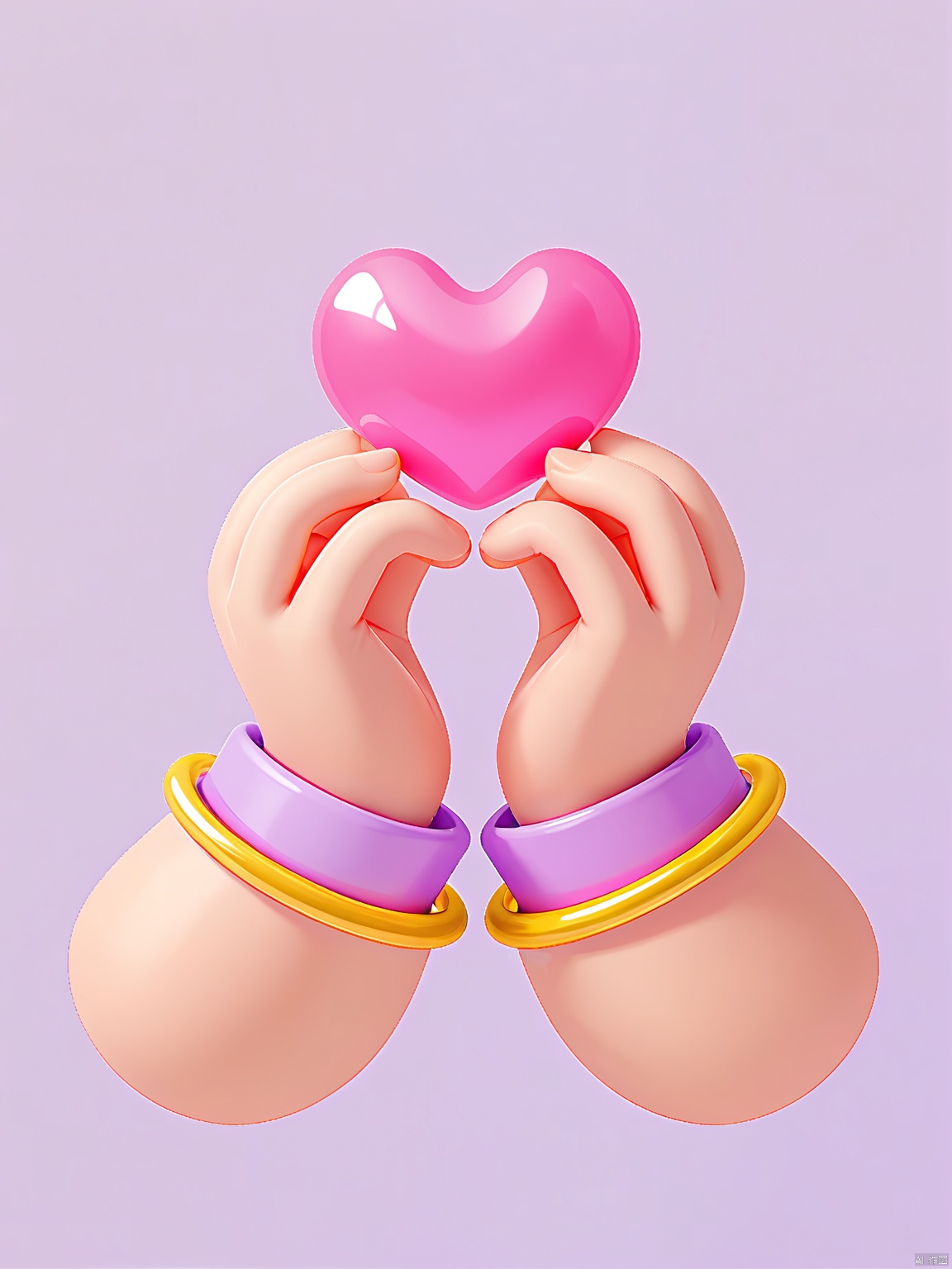 3DYS, Photograph of a pair of cartoonish, oversized hands holding a shiny, pink heart-shaped object. The hands are pale with a soft, rounded texture, and they are adorned with yellow bracelets. The background is a simple, solid light purple. The heart object is smooth and reflective, with a glossy finish. The image has a playful, whimsical feel, with a focus on bright, pastel colors. The overall style is cute and childlike.
