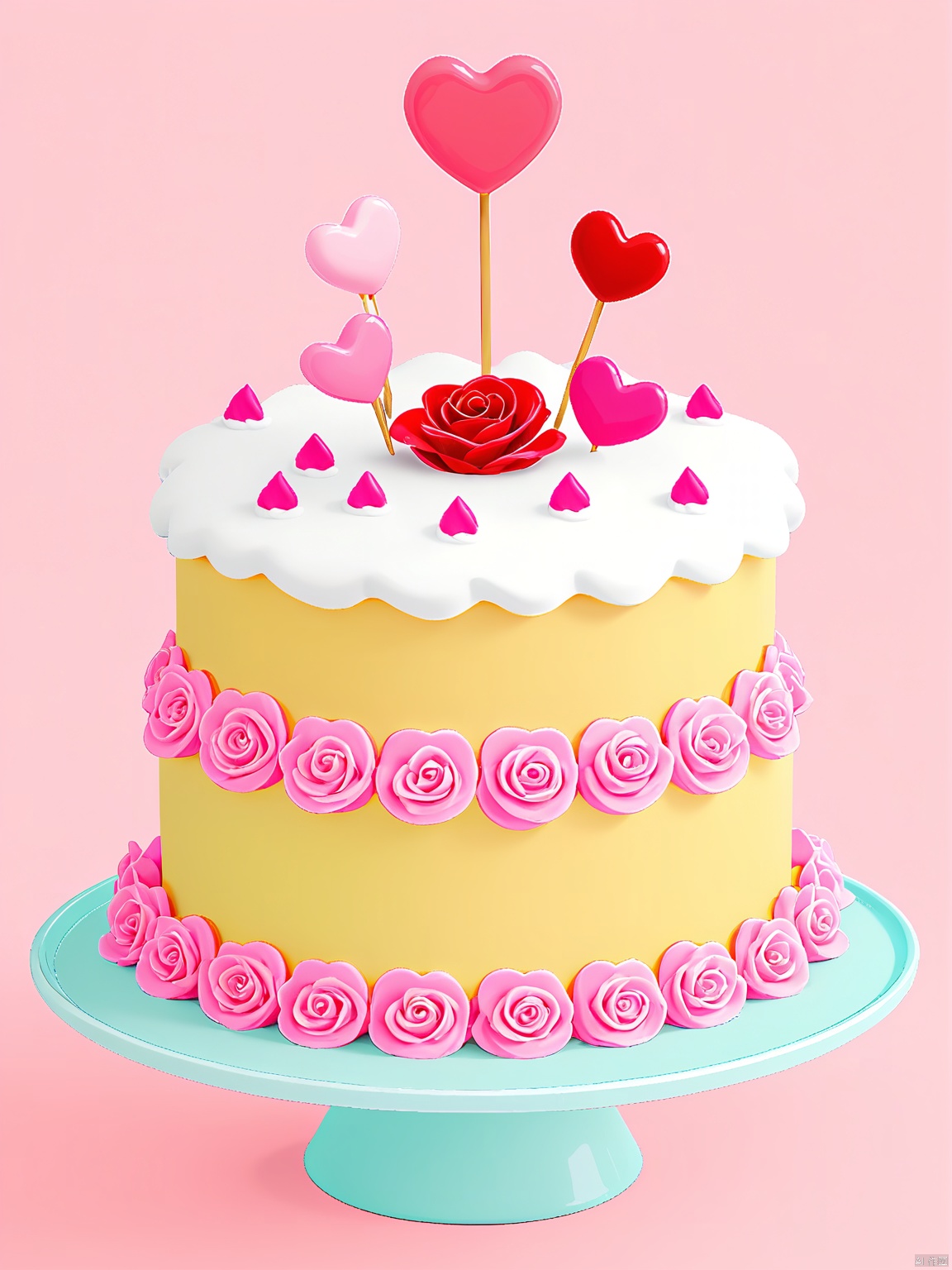 3DYS, Photograph of a whimsical cake with a pastel pink background. The cake has a yellow base, topped with white icing, and decorated with pink and red heart-shaped candies. There are also pink and red roses, and two pink heart-shaped cake toppers. The cake is on a pink plate with white icing borders. The overall aesthetic is playful and cute, with a soft and pastel color palette.