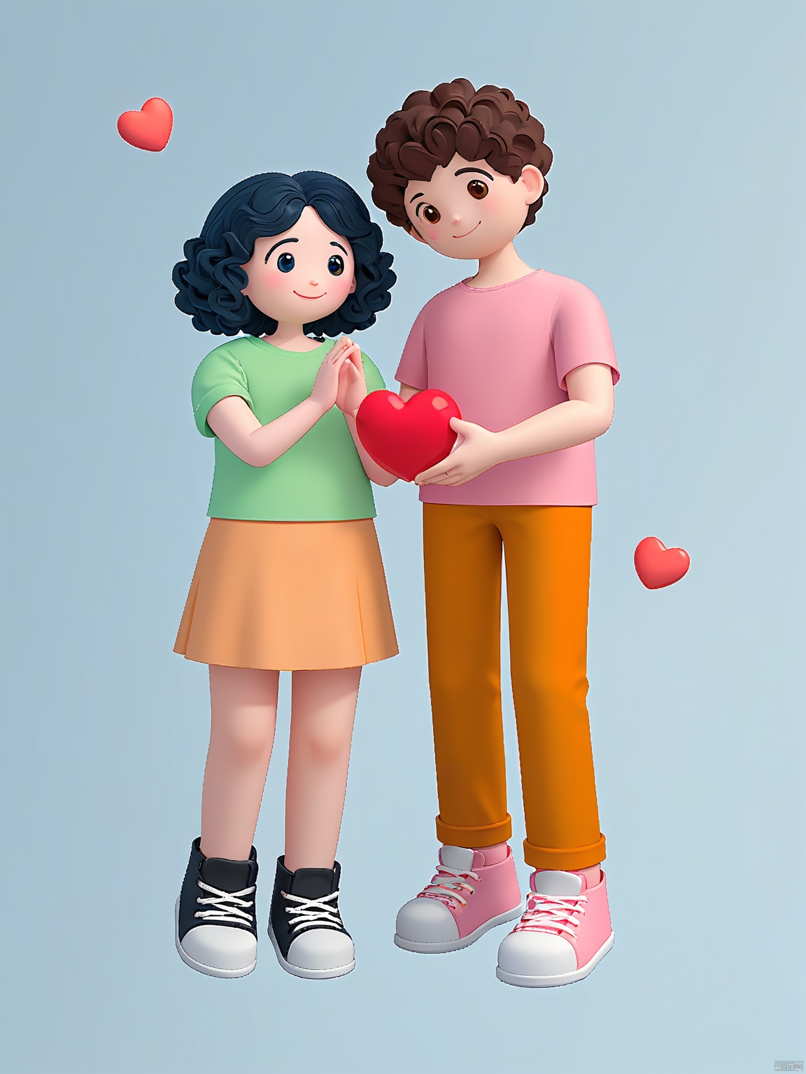 3DYS, Photo-realistic 3D render of two cartoon-style characters, a girl with curly black hair and a boy with short brown hair, standing against a blue gradient background. The girl is wearing a yellow shirt and a pink skirt, with white sneakers, and is holding a red heart with both hands. The boy is wearing a green shirt and orange pants, with black shoes, and is holding a red heart in his right hand. The characters have simple, rounded facial features and are smiling. The style is whimsical and playful, with a focus on bright, vibrant colors.