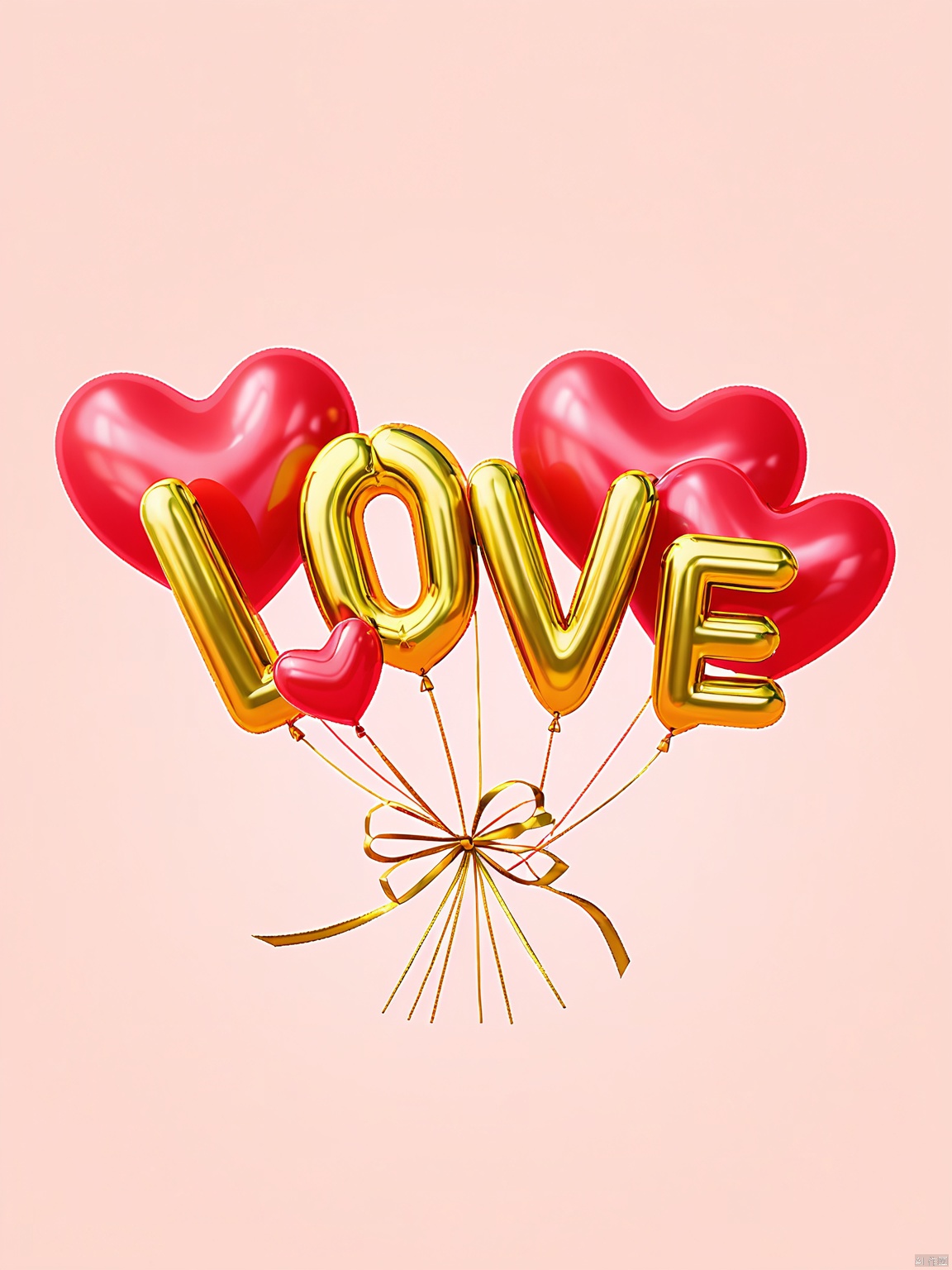 3DYS, A photograph of a bunch of red heart-shaped balloons with the word "LOVE" spelled out in gold metallic letters, floating in the air. The balloons are tied together with thin golden strings, creating a sense of movement and celebration. The background is a soft, light pink color, adding a romantic and whimsical feel to the image. The balloons are the main focus, with the word "LOVE" prominently displayed in the center. The overall aesthetic is playful and festive, perfect for a Valentine's Day theme.