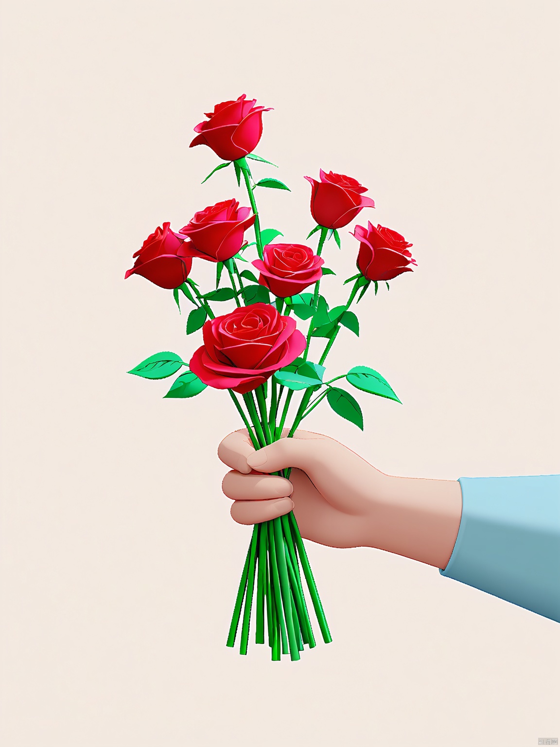 3DYS, A simple, minimalist digital illustration featuring a hand holding a bouquet of four red roses. The hand is light-skinned, with a blue sleeve, and the bouquet is composed of four fully bloomed roses with green stems and leaves. The background is a plain, light beige color, creating a clean and uncluttered look. The roses are detailed with soft shading, giving them a three-dimensional appearance. The overall style is modern and sleek, with a focus on simplicity and elegance.