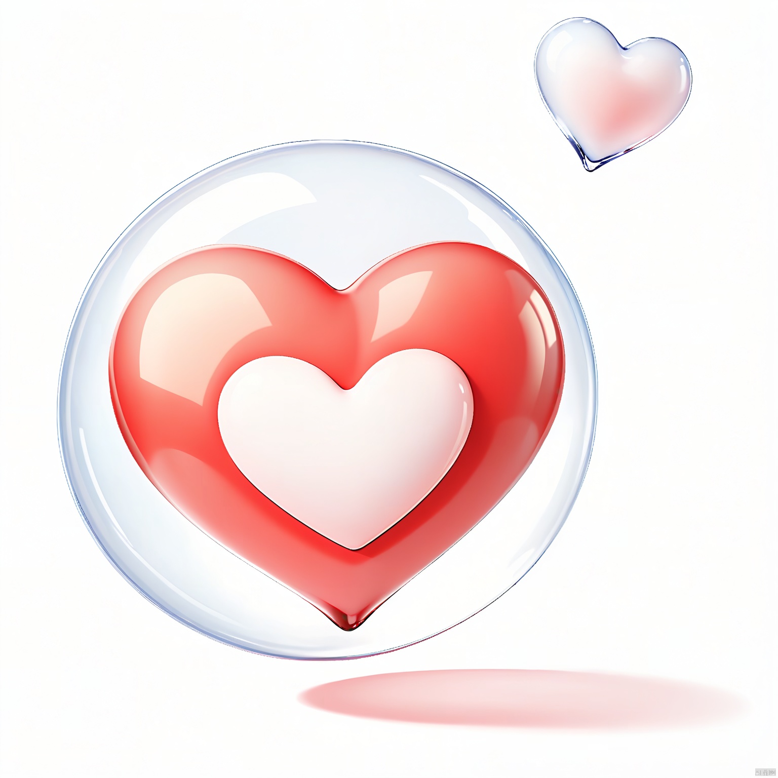 AXYS, A simple, minimalist 3D rendering of a red, heart-shaped bubble with a white heart inside it. The bubble has a smooth, rounded shape with a small, pointed bottom. The white heart inside the bubble is centered and has a glossy, reflective surface. The background is a clean, white gradient, providing a stark contrast to the bubble and heart. The overall aesthetic is clean and modern, with a focus on the simplicity and clarity of the shapes. The image has a playful and whimsical feel, suitable for romantic or love-themed contexts.