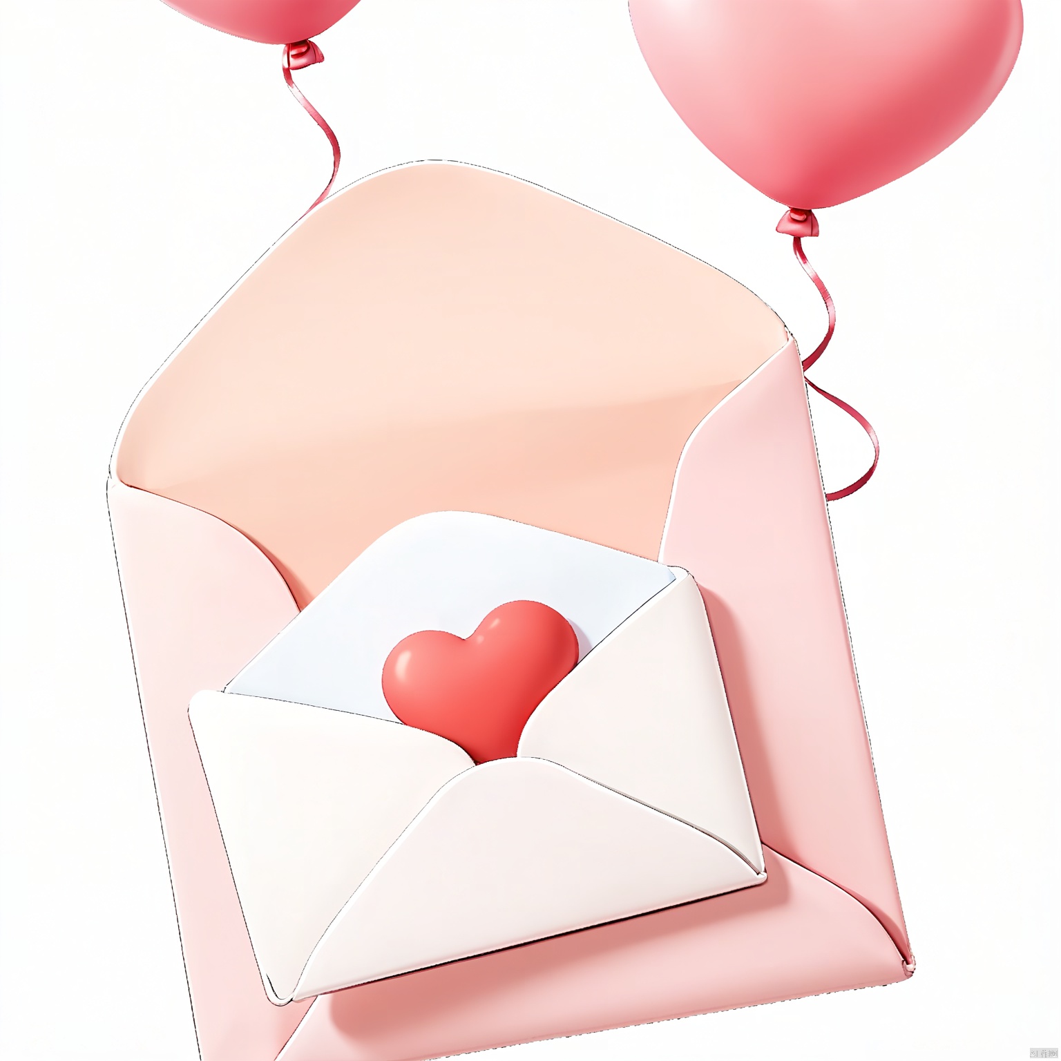 AXYS, Photograph of a pink envelope with a white bow on the bottom, containing a white card with a red heart and three pink lines on it. The envelope is open, and the card is partially visible. Two pink balloons with curly strings are attached to the top of the envelope. The background is white. The image has a playful, romantic feel.