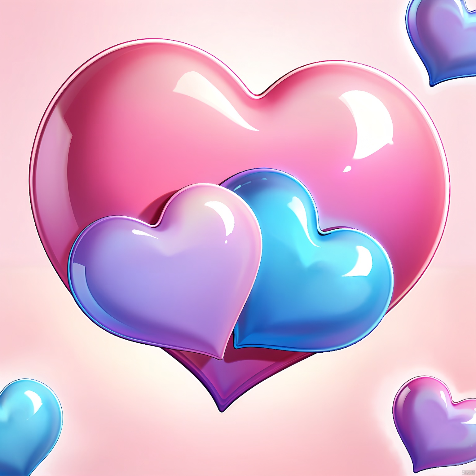 AXYS, A digital illustration of two heart-shaped containers, one larger and one smaller, with a gradient color scheme of pink, purple, and blue. The larger heart is positioned in the background, and the smaller heart is in the foreground, slightly overlapping the larger one. Both hearts have a glossy, reflective surface with sparkles and highlights, giving them a shiny, polished appearance. The background is plain white, emphasizing the vibrant colors and textures of the hearts. The style is clean, vibrant, and cartoony, with a focus on the playful and whimsical nature of the objects.
