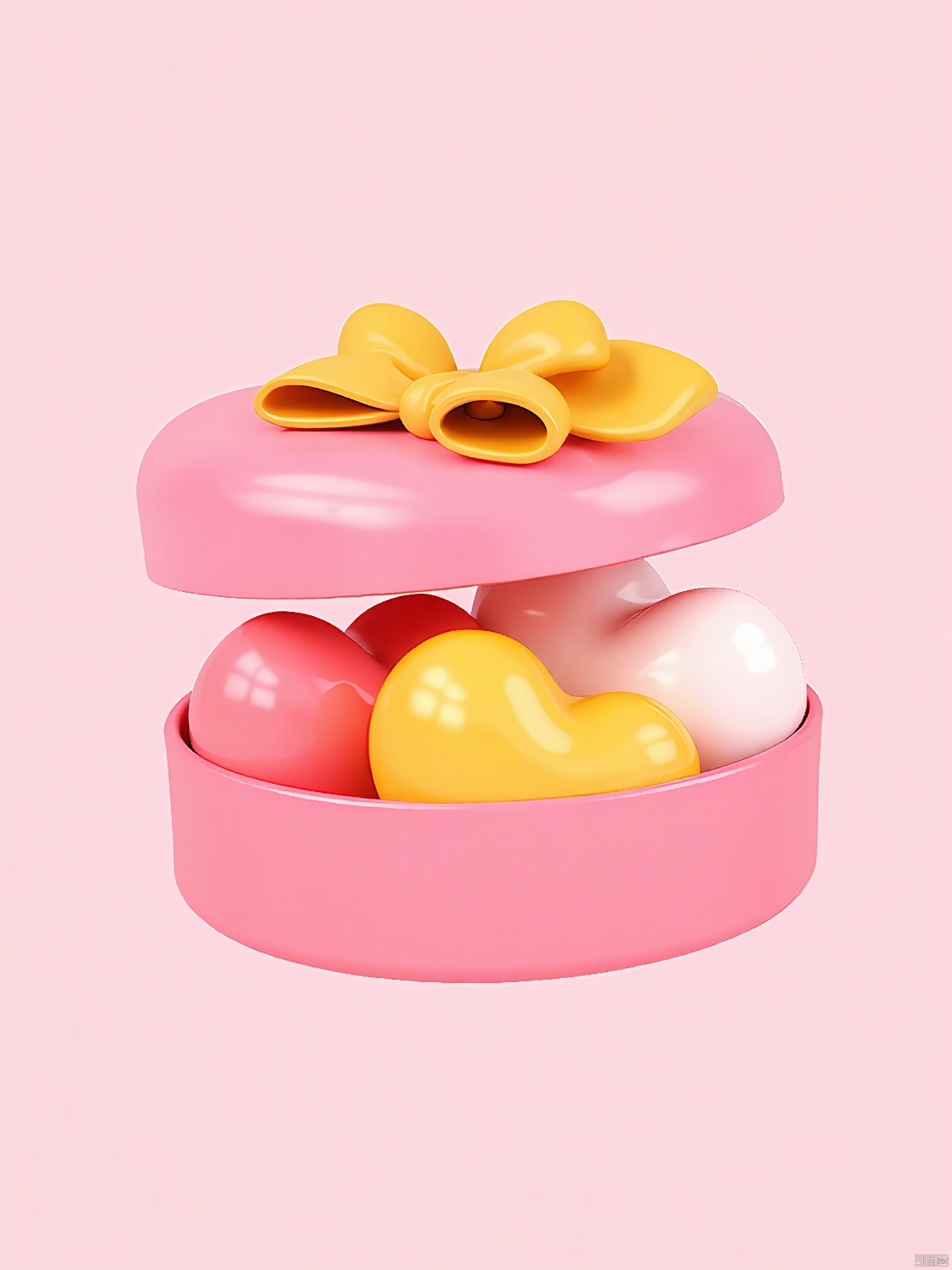 3DYS, A digital illustration of a pink heart-shaped box with a yellow ribbon bow, opened to reveal a variety of colorful candies inside. The candies include yellow, pink, and white sweets, all neatly arranged. The background is a soft, pale pink, creating a whimsical and playful atmosphere. The illustration is clean, bright, and highly detailed, with a focus on the box and its contents.