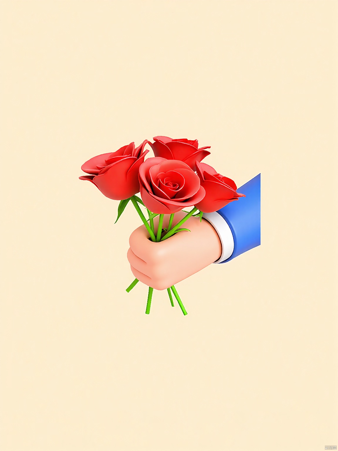 3DYS, A simple, minimalist digital illustration featuring a hand holding a bouquet of four red roses. The hand is light-skinned, with a blue sleeve, and the bouquet is composed of four fully bloomed roses with green stems and leaves. The background is a plain, light beige color, creating a clean and uncluttered look. The roses are detailed with soft shading, giving them a three-dimensional appearance. The overall style is modern and sleek, with a focus on simplicity and elegance.