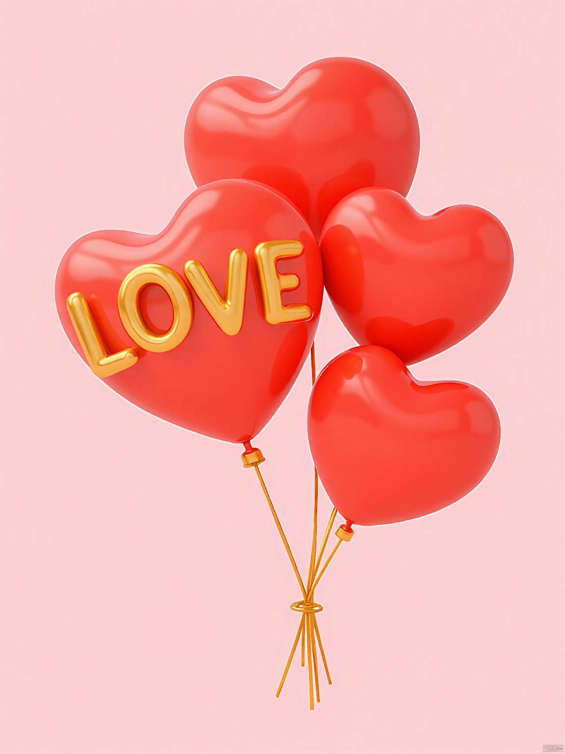 3DYS, A photograph of a bunch of red heart-shaped balloons with the word "LOVE" spelled out in gold metallic letters, floating in the air. The balloons are tied together with thin golden strings, creating a sense of movement and celebration. The background is a soft, light pink color, adding a romantic and whimsical feel to the image. The balloons are the main focus, with the word "LOVE" prominently displayed in the center. The overall aesthetic is playful and festive, perfect for a Valentine's Day theme.