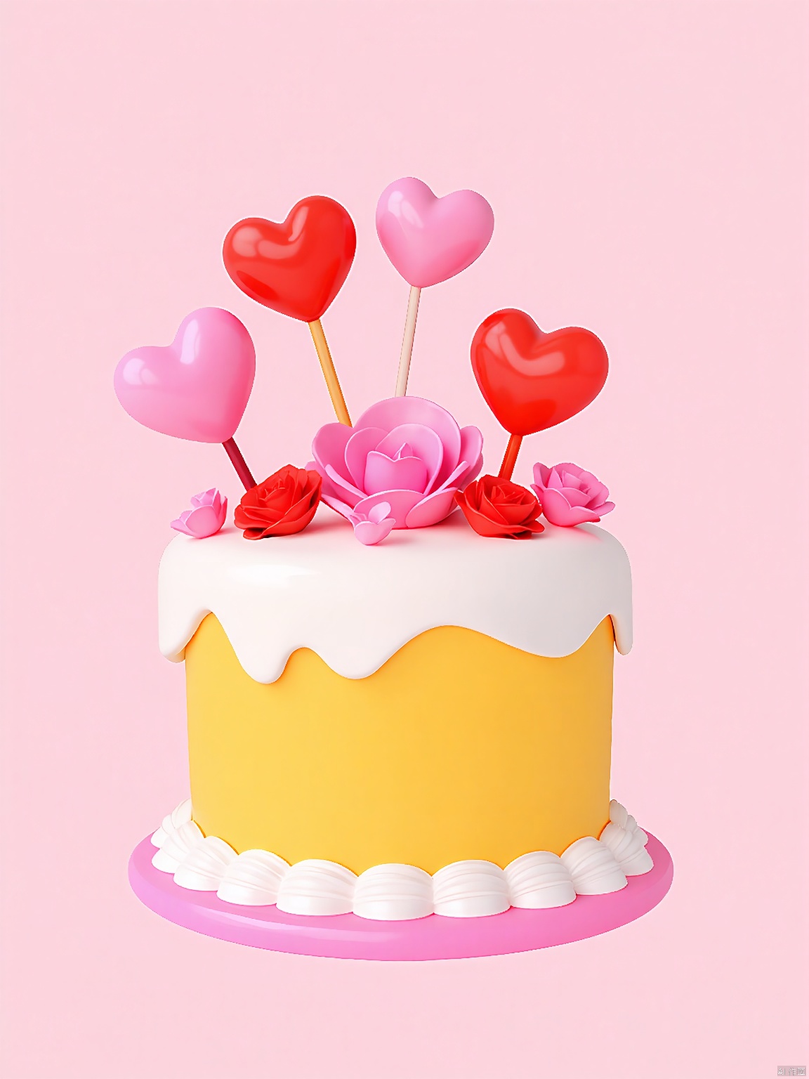 3DYS, Photograph of a whimsical cake with a pastel pink background. The cake has a yellow base, topped with white icing, and decorated with pink and red heart-shaped candies. There are also pink and red roses, and two pink heart-shaped cake toppers. The cake is on a pink plate with white icing borders. The overall aesthetic is playful and cute, with a soft and pastel color palette.