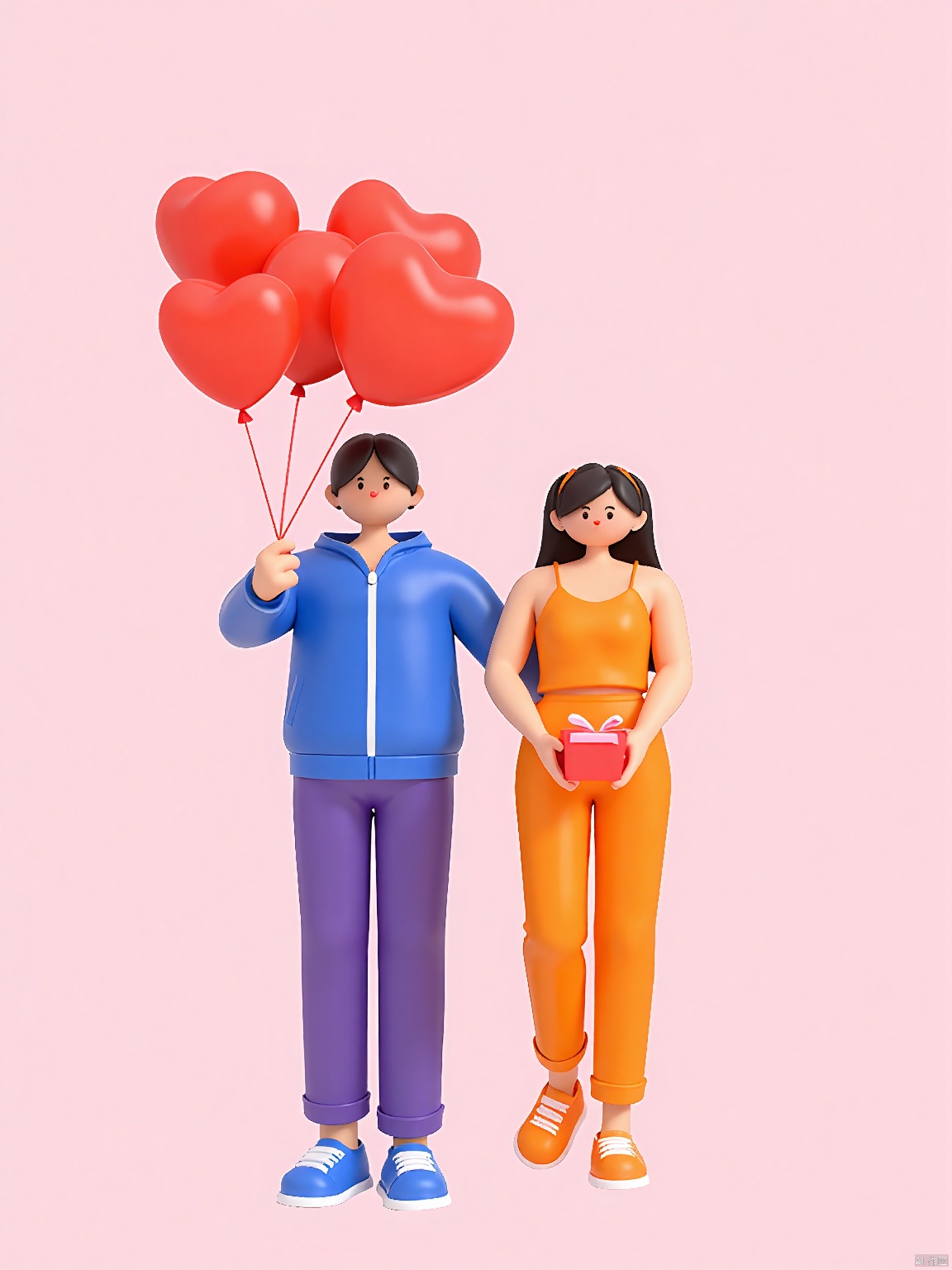 3DYS, A digital illustration featuring a stylized, cartoonish couple standing against a plain, light pink background. The man is holding a bunch of red heart-shaped balloons with a blue jacket and purple pants. The woman is wearing an orange top and matching orange pants, with a small red box in her hands. Both characters have exaggerated, simple features with large heads and small bodies. The overall style is playful and whimsical, with a focus on bright, cheerful colors and a minimalist aesthetic.