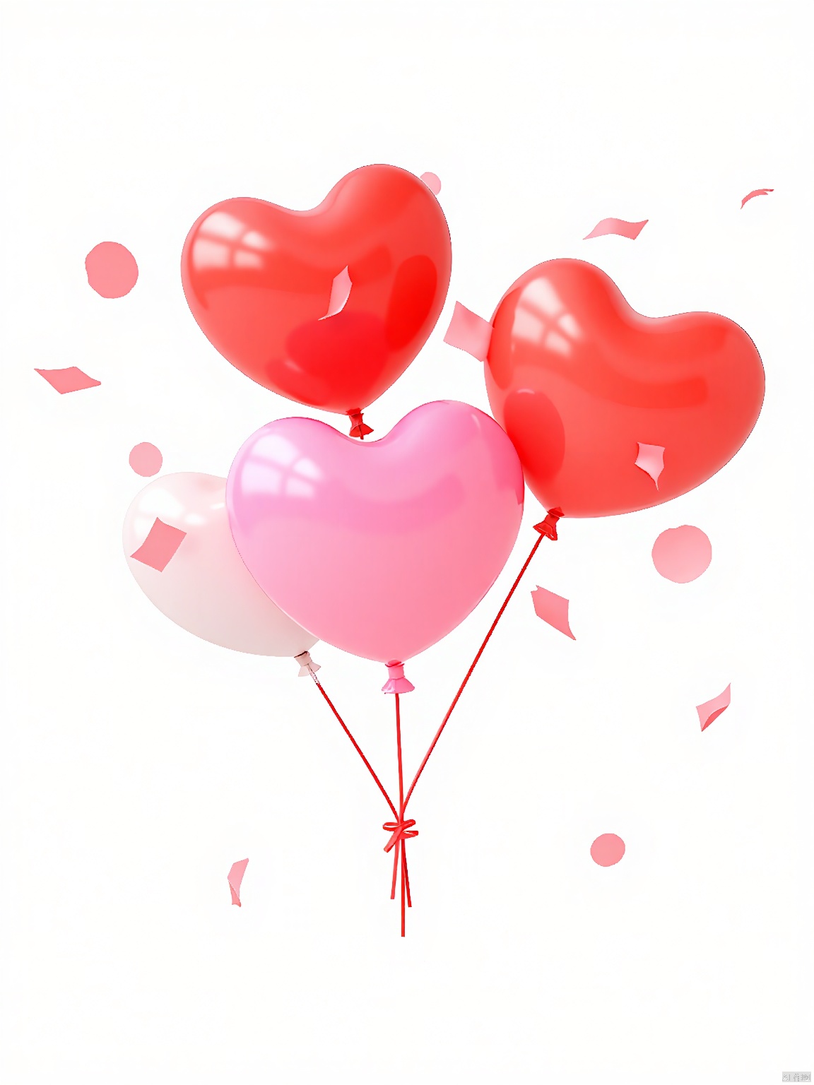 3DYS, Photograph of a cluster of red and pink heart-shaped balloons, with a few white balloons mixed in, floating against a white background. The balloons are glossy and reflective, with a slight shine. There are pink confetti pieces scattered around the balloons, adding a festive touch. The balloons are tied with thin red strings, and some have small, delicate loops at the ends. The overall composition is bright and cheerful, with a sense of celebration and joy. The image has a clean, minimalist aesthetic with a focus on the vibrant colors and playful elements.