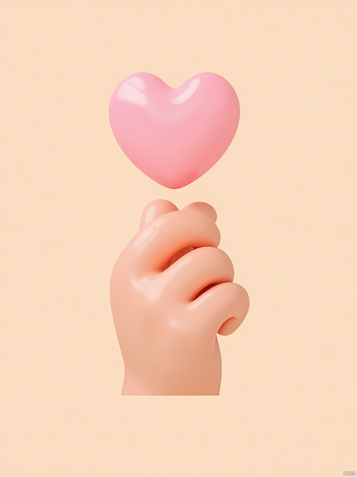 3DYS, A close-up photograph of a light-skinned hand with a realistic, slightly glossy texture, holding a small, pink heart-shaped object above its palm. The hand is positioned against a soft, beige background, creating a minimalist and serene atmosphere. The heart is centered and appears to be floating just above the fingertips. The image is simple and elegant, with a focus on the gentle interaction between the hand and the heart.