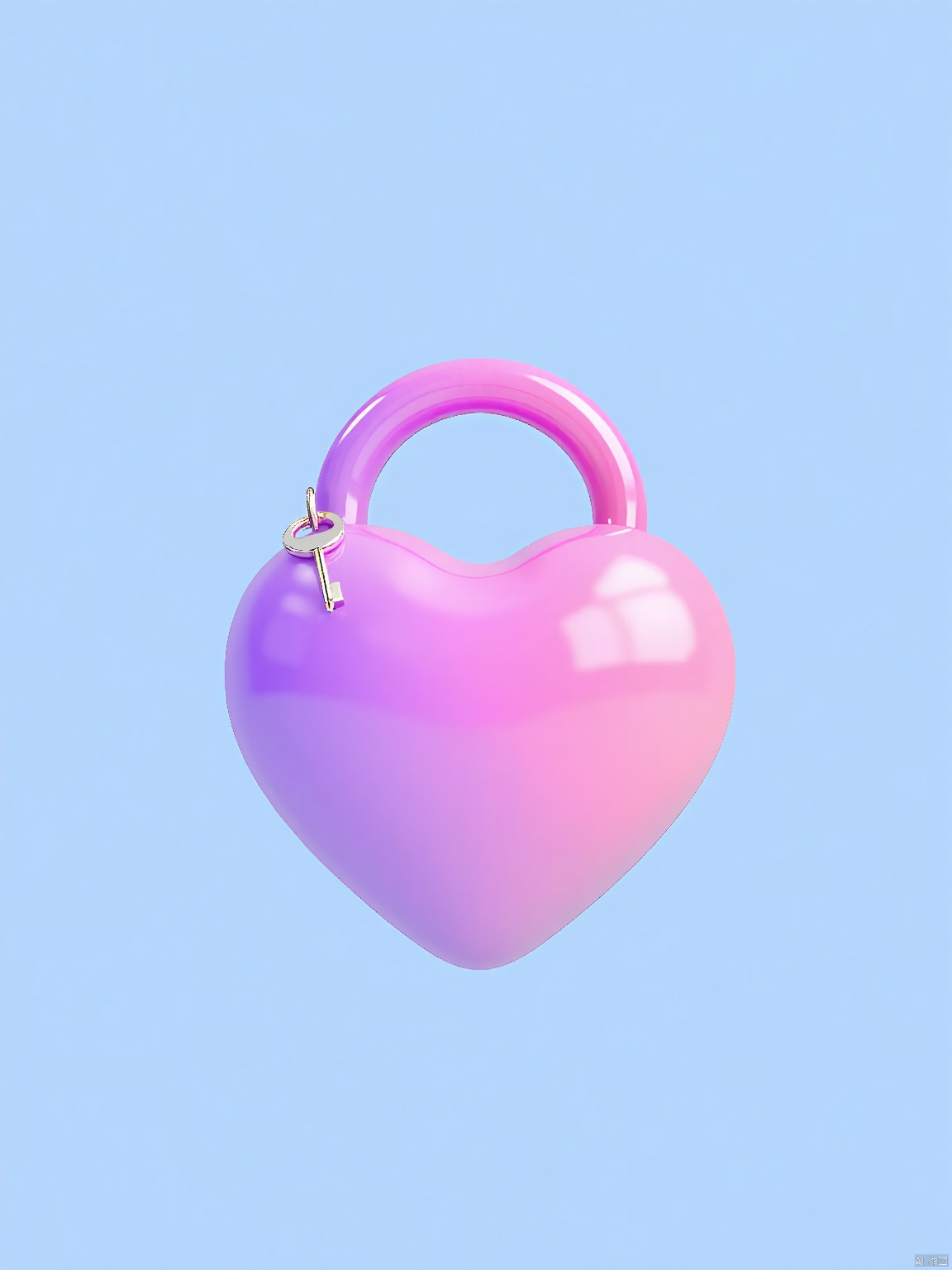 3DYS, Photo of a heart-shaped object with a shiny, reflective surface. The heart is a gradient of pink and purple, with a smooth, glossy texture. It has a single handle on top, shaped like a heart, and a small silver keyhole on the right side. The background is a solid light blue color, providing a contrast to the heart. The image is well-lit, with soft shadows, and has a clean, minimalist aesthetic. The heart is centered in the frame, and the focus is sharp. The overall style is modern and whimsical.