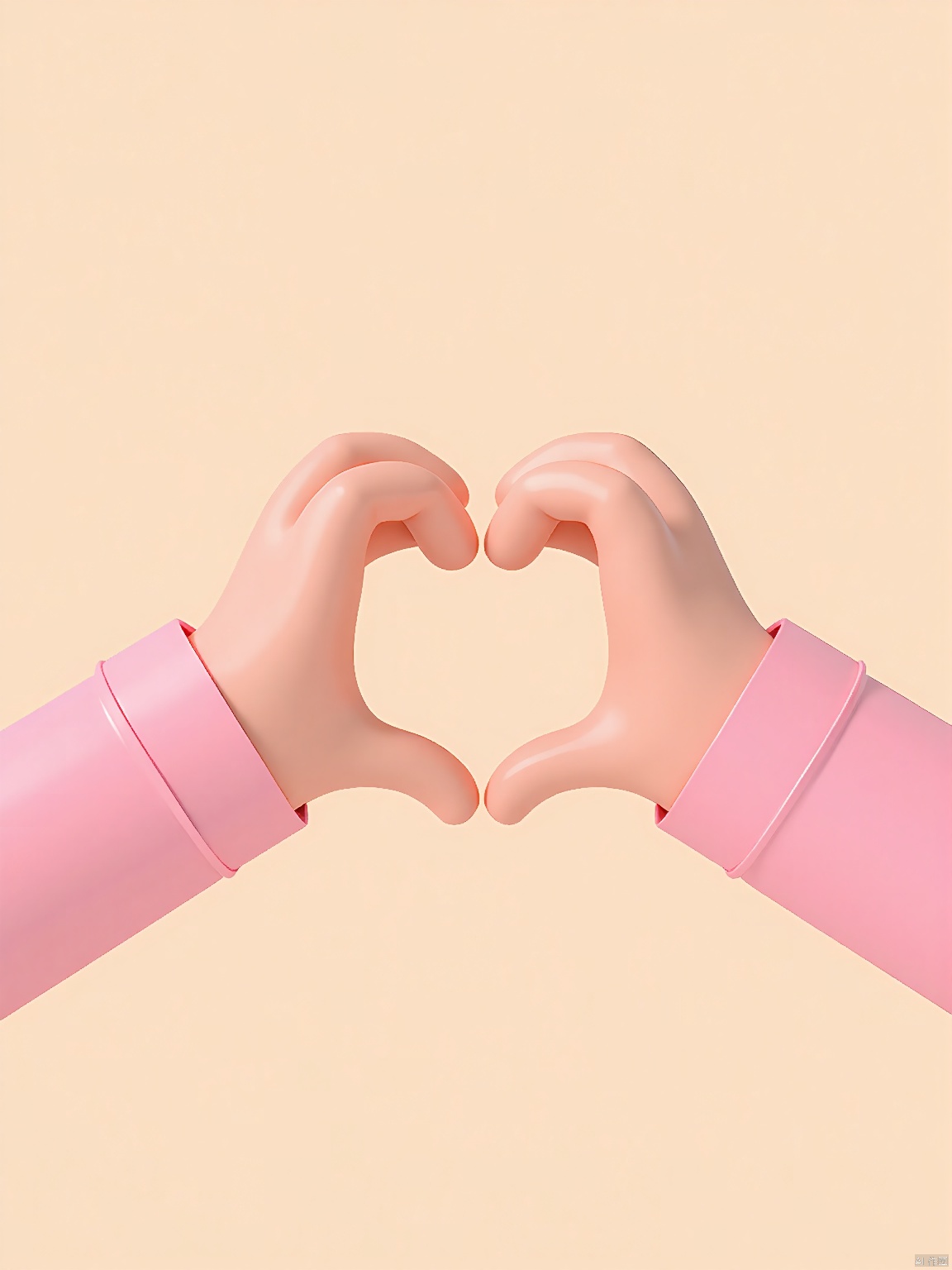3DYS, A minimalist 3D rendering of two hands forming a heart shape, with the hands positioned in the center of the image and the heart shape formed by their fingers. The hands are pale-skinned and the fingers are slightly curled. The hands are wearing pink sleeves, and the background is a simple, light beige color. The lighting is soft and even, creating a gentle and calming atmosphere. The image is simple and clean, with a focus on the heart shape formed by the hands.