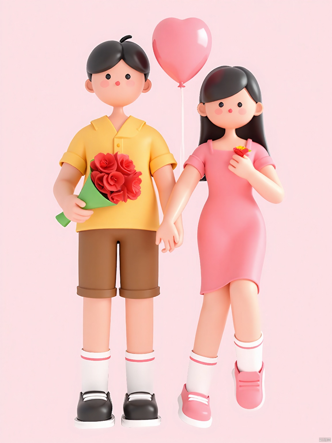 3DYS, A 3D cartoon-style illustration featuring a young couple holding hands. The man on the left has short black hair and is wearing a yellow shirt, brown shorts, white socks, and black shoes. He is holding a bouquet of red flowers. The woman on the right has long black hair and is wearing a pink dress, white socks, and pink shoes. She is holding a small pink balloon in her other hand. The background is a solid light pink color. The couple is standing close together, facing the viewer. The illustration has a playful and whimsical feel.