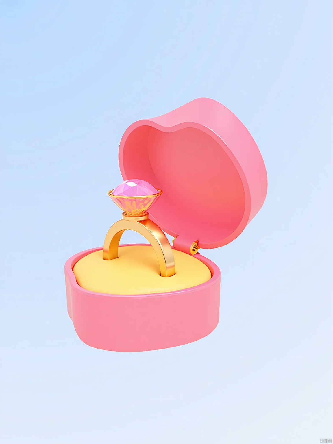 3DYS, A photograph of a ring box with a bright pink heart-shaped lid, open, containing a yellow cushion, and a gold ring with a large, round, pink diamond at the center. The ring is placed on the cushion. The background is a light blue gradient. The box is a modern, minimalist design, and the ring is elegant with a simple band. The overall aesthetic is clean and stylish.