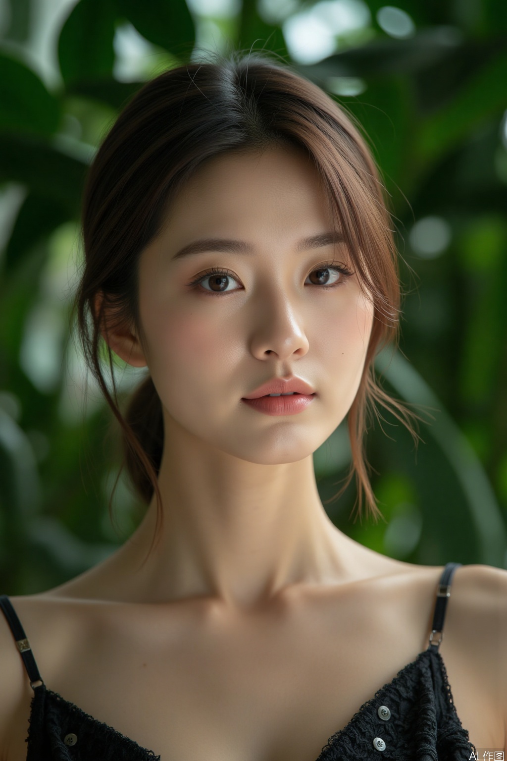 A beautiful Asian woman with a perfect figure and well-defined facial features,Green plant background